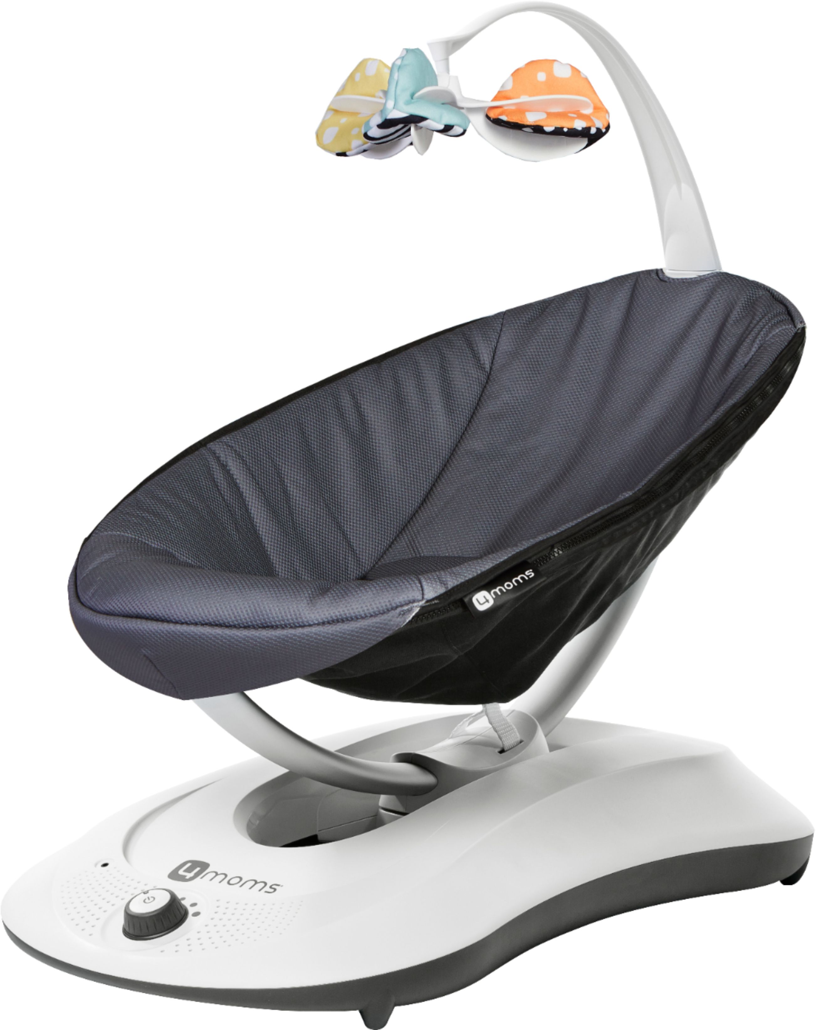 Left View: 4moms® rockaRoo® infant seat | Compact Baby Swing | Dark Grey Cool Mesh