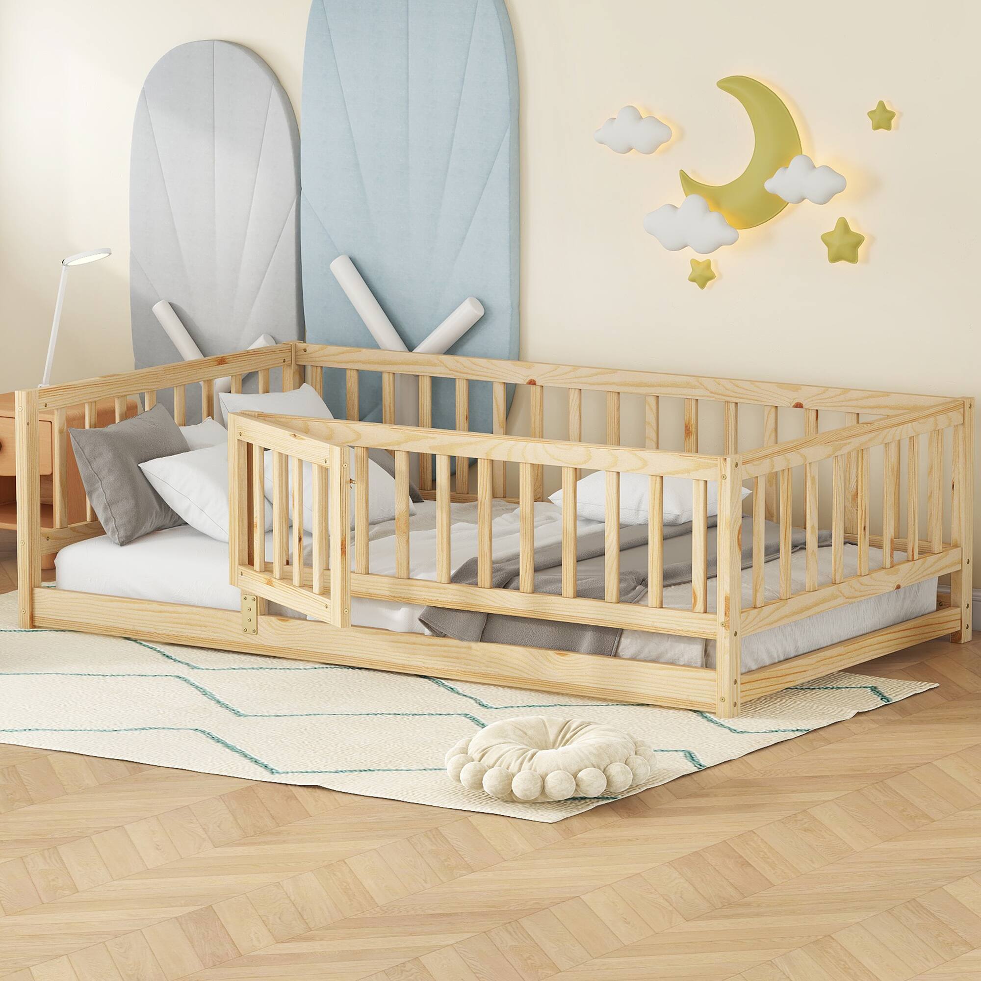 Left. GOODSILO - Twin Size Montessori Floor Bed with Fence and Door, Wood Bed Frame for Kids, Boys & Girls - Oak.