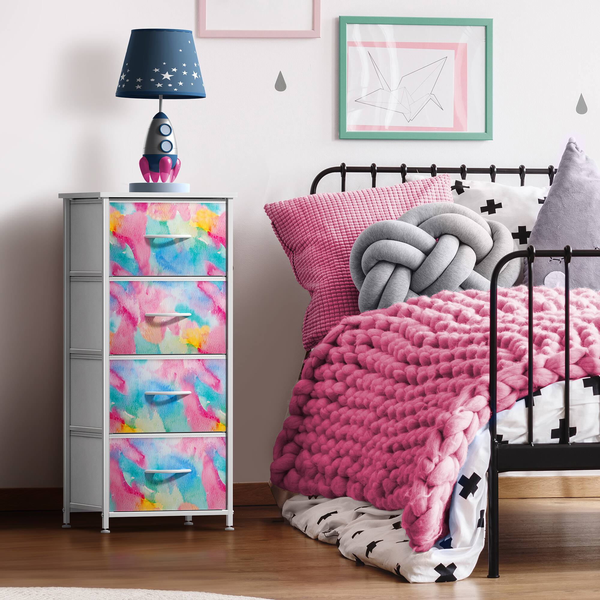 Alt View 1. Sorbus - Sorbus Nightstand with 4 Drawers, Bedside Furniture & Night Stand Dresser with Steel Frame, Wood Top, Fabric Bins - Watermelon Tie-Dye.