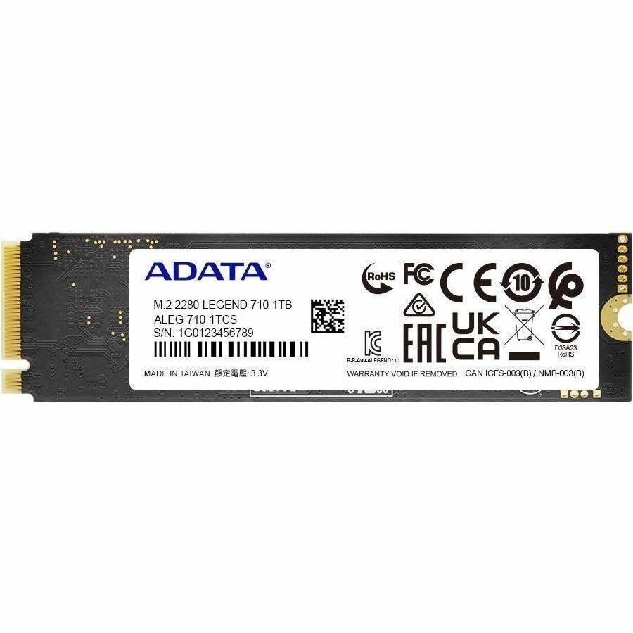 ADATA M.2 2280 LEGEND 710 1TB  
ALEG-710-1TCS  
S/N: 1G0123456789  
MADE IN TAIWAN  
3.3V  

RoHS  
FC  
CE 10  
UK  
EAC  
CA  
WARRANTY VOID IF REMOVED  
CAN ICES-003(B) / NMB-003(B)
