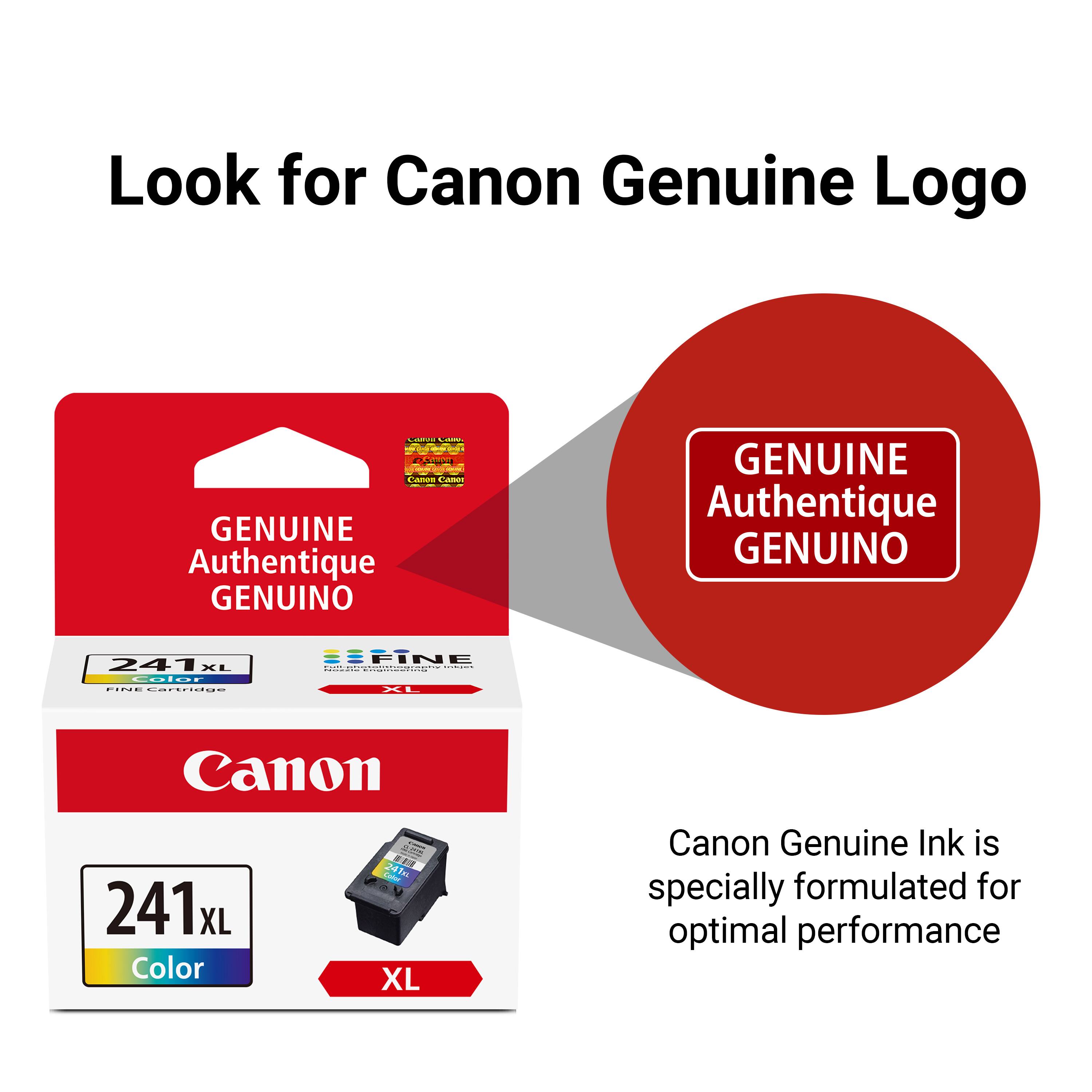 Look for Canon Genuine Logo  
- C /a GENUINE Authentique GENUINO GENUINE Authentique GENUINO  
241 XL Canon CIdE Cartician IFINE Raddicasio | X Canon 24in 241XL XL Color XL Canon Genuine Ink is specially formulated for optimal performance