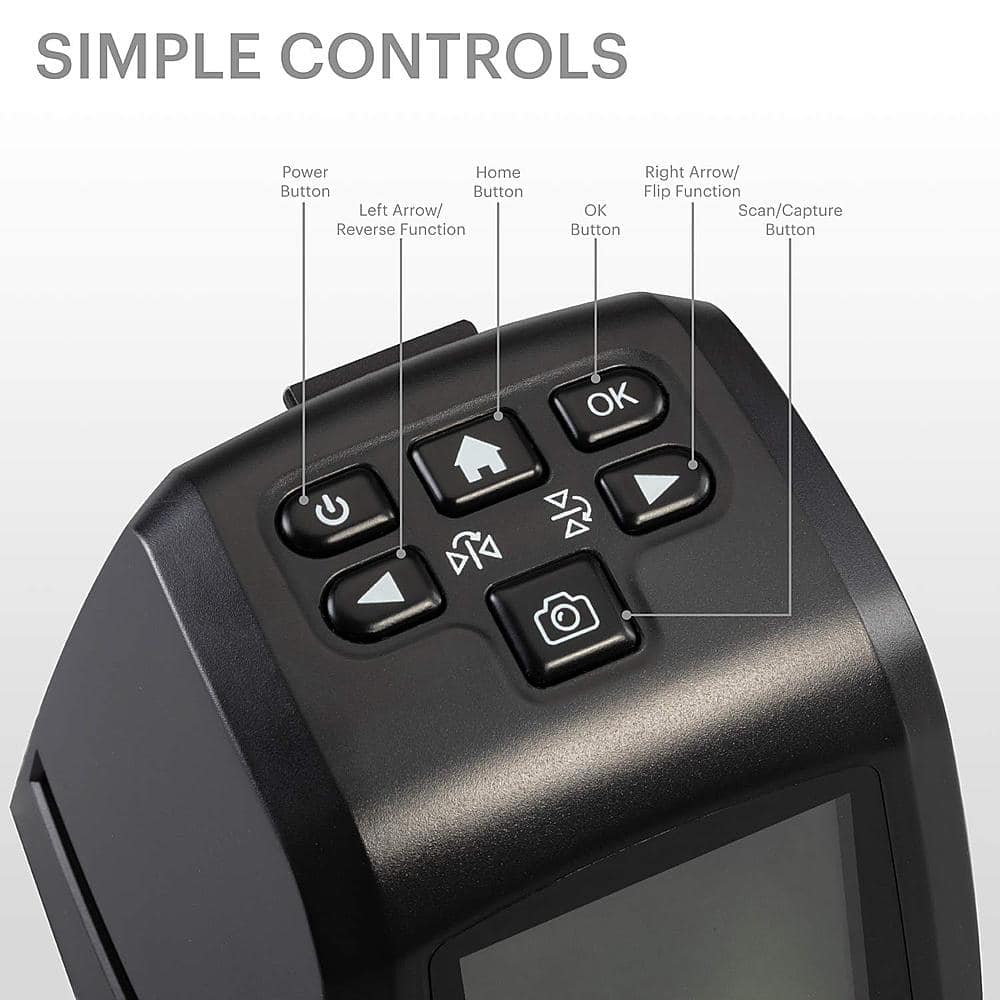 Simple Controls:
1. Power Button
2. Home Button
3. Left Arrow/Reverse Function
4. Right Arrow/Flip Function
5. OK Button
6. Scan/Capture Button
These are the main buttons on the device, each with a specific function.