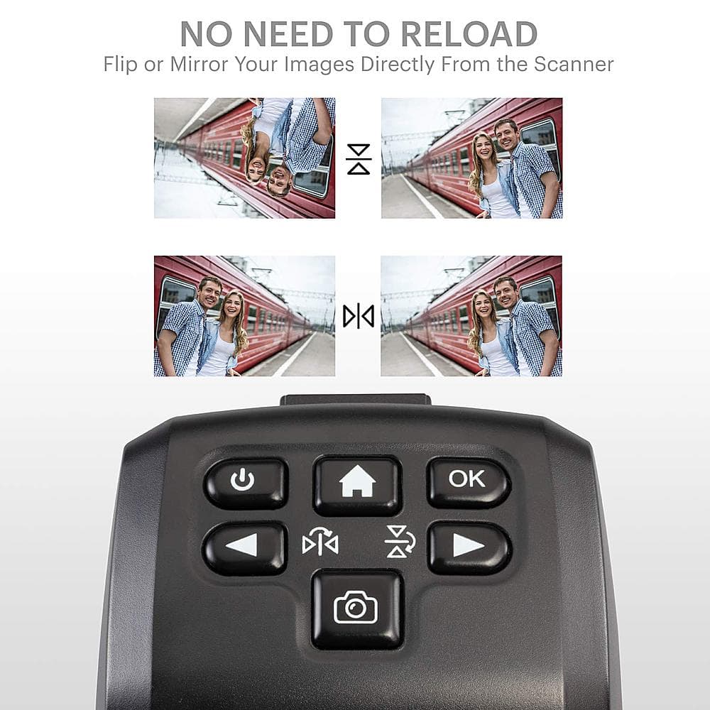 The text on the image reads: "No Need to Reload. Flip or Mirror Your Images Directly From the Scanner."