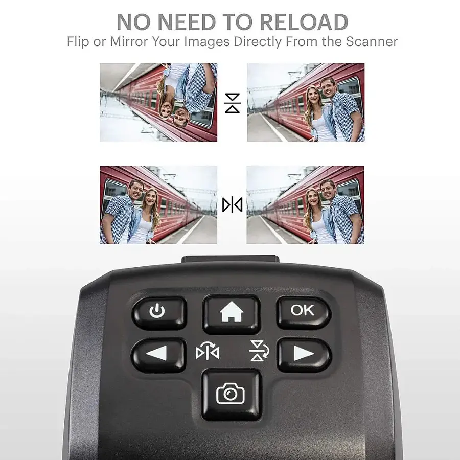 The text on the image reads: "No Need to Reload. Flip or Mirror Your Images Directly From the Scanner."