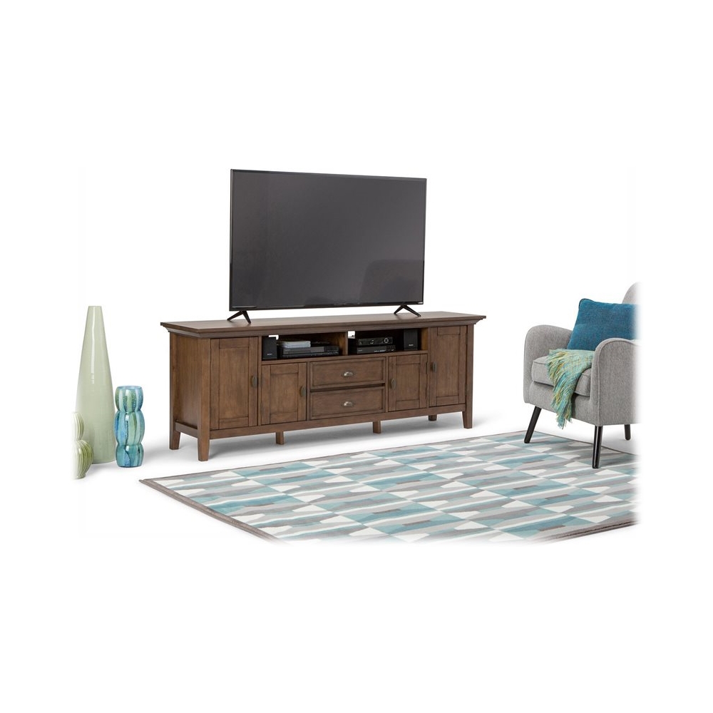 Left View: Simpli Home - Redmond SOLID WOOD 72 inch Wide Transitional TV Media Stand in Rustic Natural Aged Brown For TVs up to 80 inches - Rustic Natural Aged Brown