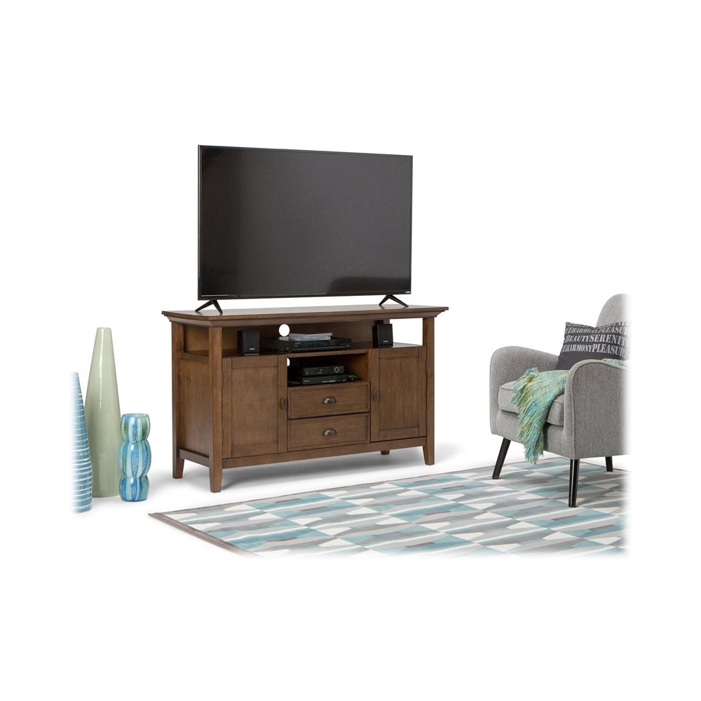 Left View: Simpli Home - Acadian SOLID WOOD 53 inch Wide Transitional TV Media Stand in Rustic Natural Aged Brown For TVs up to 60 inches - Rustic Natural Aged Brown