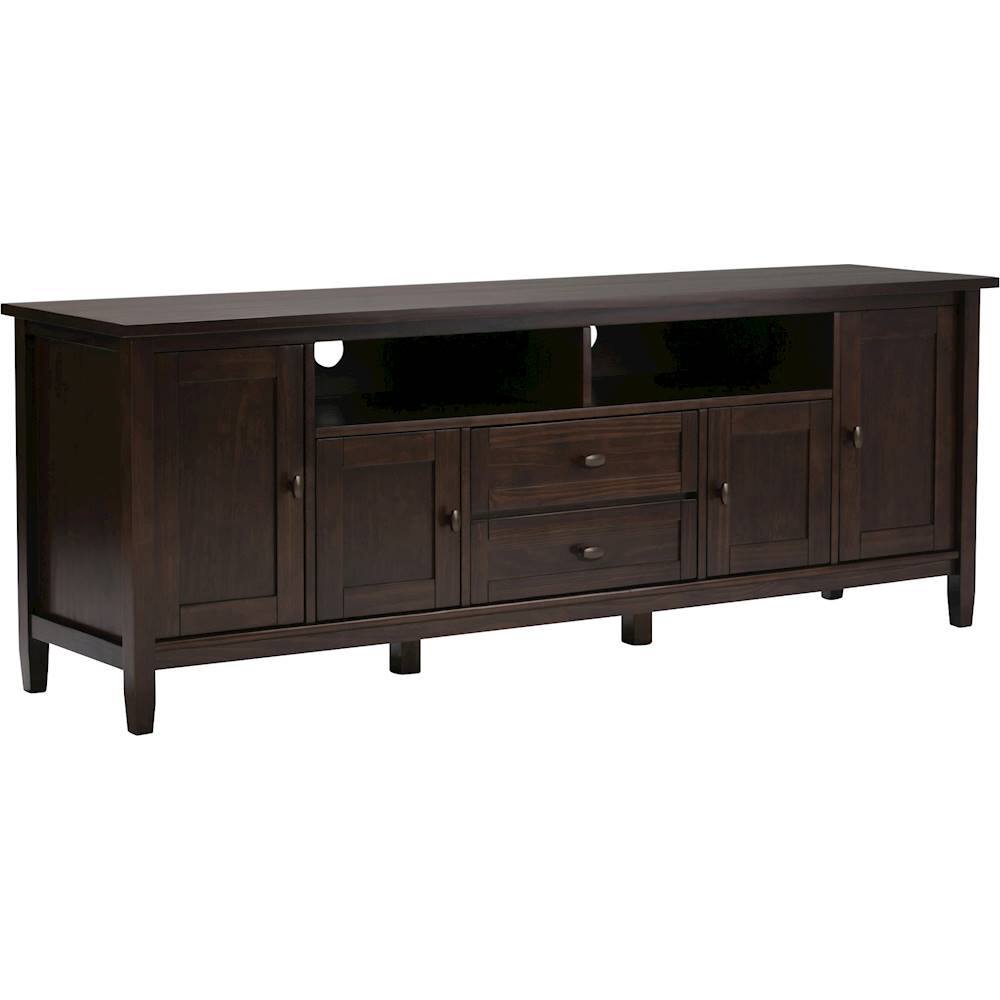 Angle. Simpli Home - Warm Shaker Solid Wood 72 inch Wide Transitional TV Media Stand For TVs up to 80 inches - Tobacco Brown.