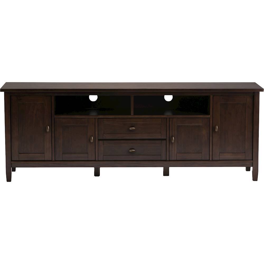 Front. Simpli Home - Warm Shaker Solid Wood 72 inch Wide Transitional TV Media Stand For TVs up to 80 inches - Tobacco Brown.