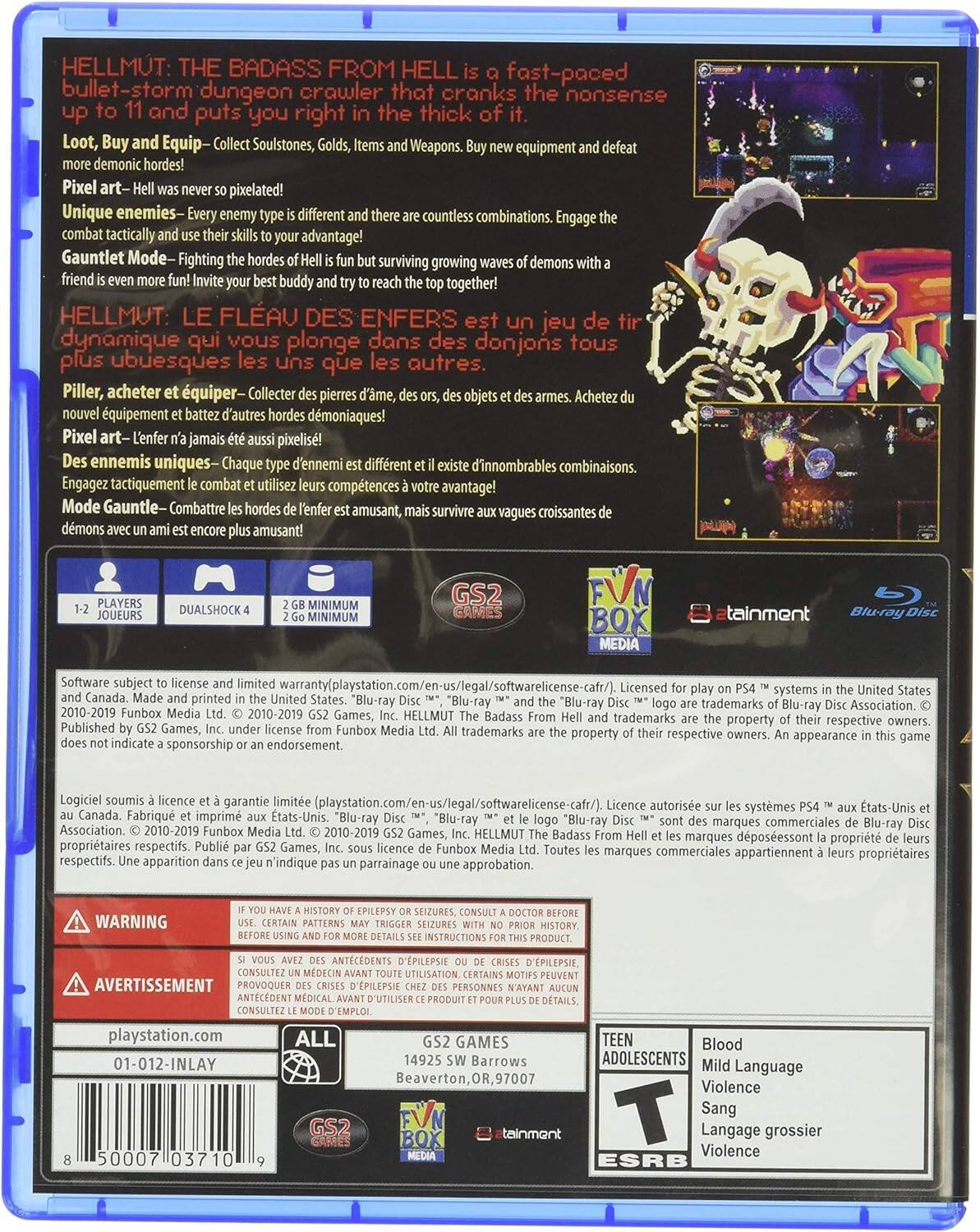HELLMUT: THE BADASS FROM HELL is a fast-paced bullet-storm dungeon crawler that cranks the nonsense up to 11 and puts you right in the thick of it.

Loot, Buy and Equip - Collect Soulstones, Golds, items and Weapons. Buy new equipment and defeat more demonic hordes!

Pixel art - Hell was never so pixelated!

Unique enemies - Every enemy type is different and there are countless combinations. Engage the combat tactically and use their skills to your advantage!

Gauntlet Mode - Fighting the hordes of Hell is fun but surviving growing waves of demons with a friend is even more fun! Invite your best buddy and try to reach the top together!

HELLMUT: LE FLÉAU DES ENFERS est un jeu de tir dynamique qui vous plonge dans des donjons tous plus ubuesques les uns que les autres.

Piller, acheter et équiper - Collecter des pierres d'âme, des ors, des objets et des armes. Achetez du nouveau équipement et battez d'autres hordes démoniaques!

Pixel art - L'enfer n'a jamais été aussi pixelisé!

Des ennemis uniques - Ch