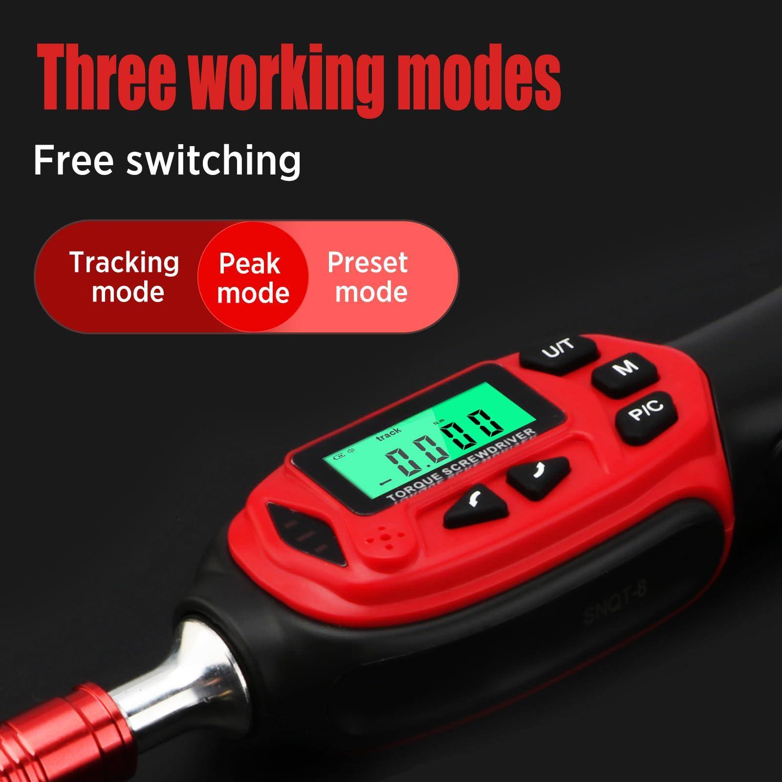 Three working modes  
Free switching  

Tracking mode  
Peak mode  
Preset mode  

TORQUE SCREWDRIVER  
SNQT-8