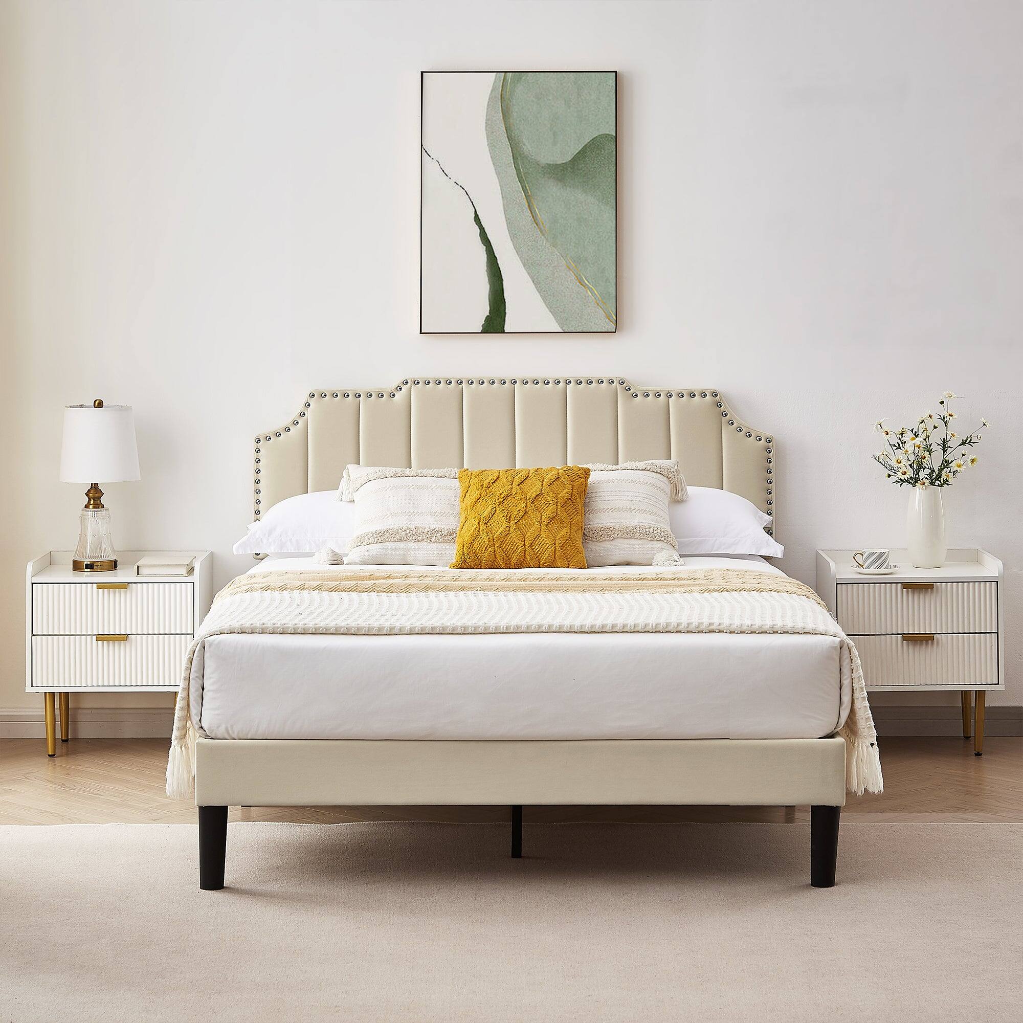Alt View 1. Vecelo - Full Upholstered Platform Bed Frame with Tufted Adjustable Headboard/Mattress Foundation/Wood Slat Support - Beige.