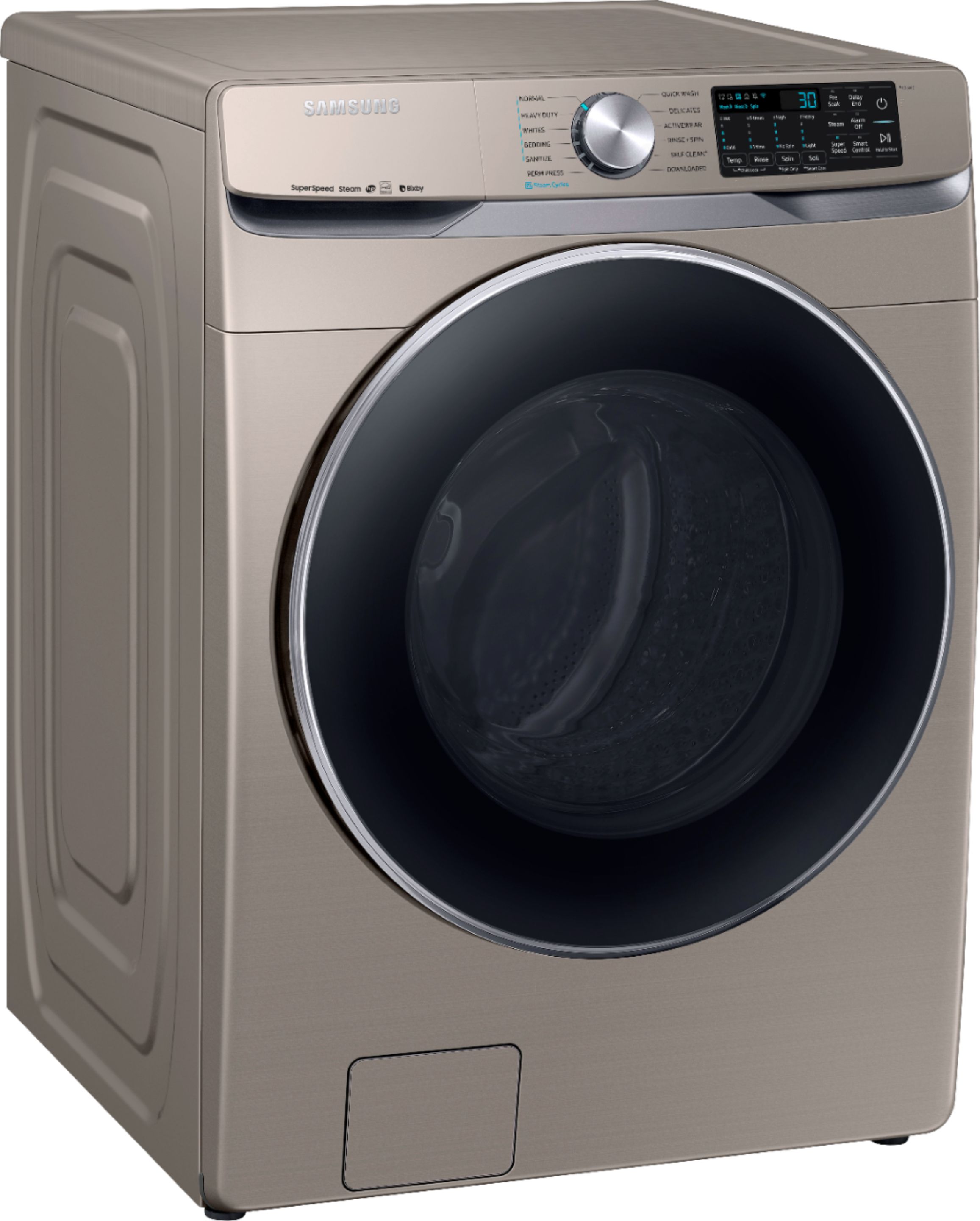 Angle View: Samsung - 4.5 Cu. Ft. High Efficiency Stackable Smart Front Load Washer with Steam and Super Speed - Champagne