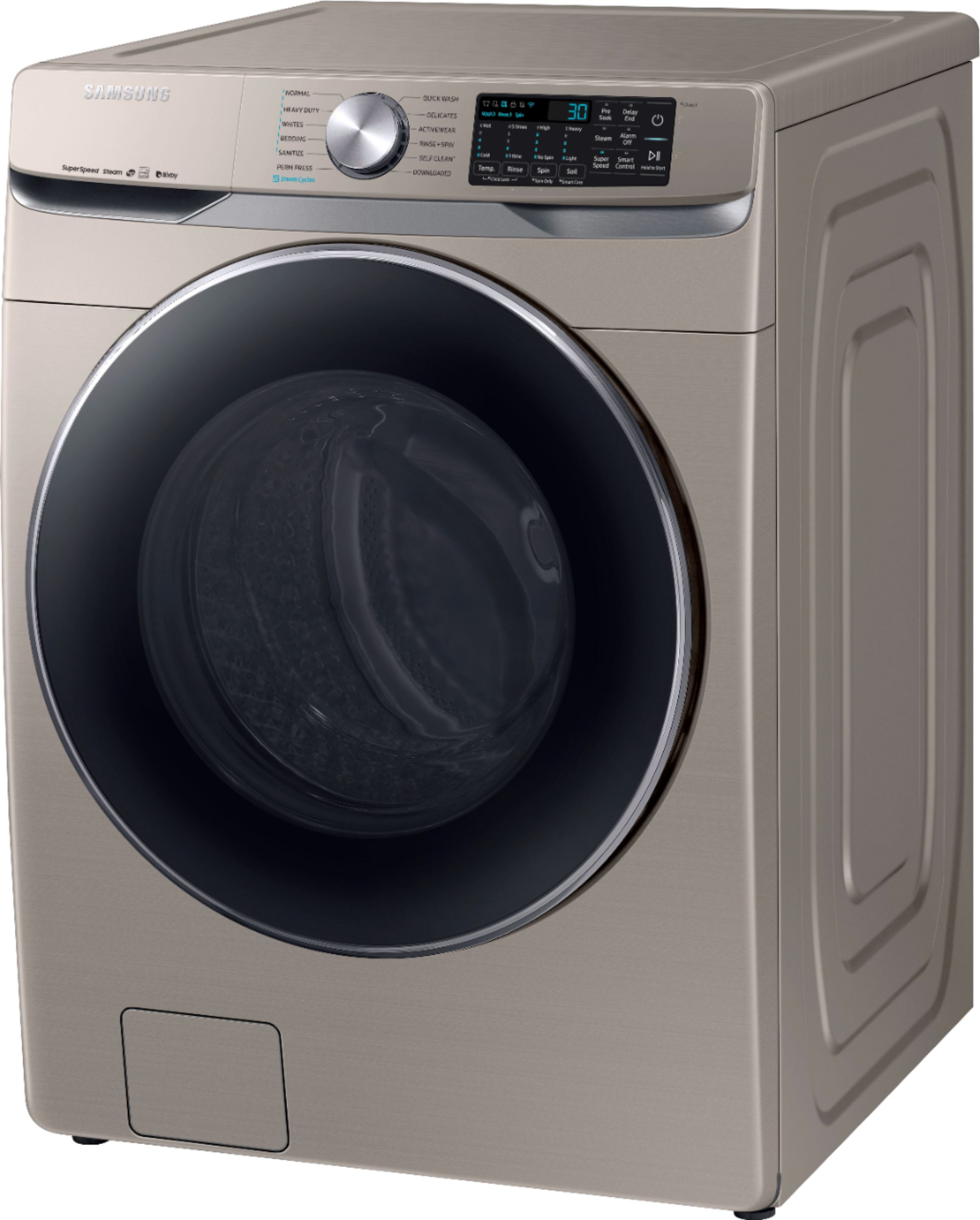 Left View: Samsung - 4.5 Cu. Ft. High Efficiency Stackable Smart Front Load Washer with Steam and Super Speed - Champagne