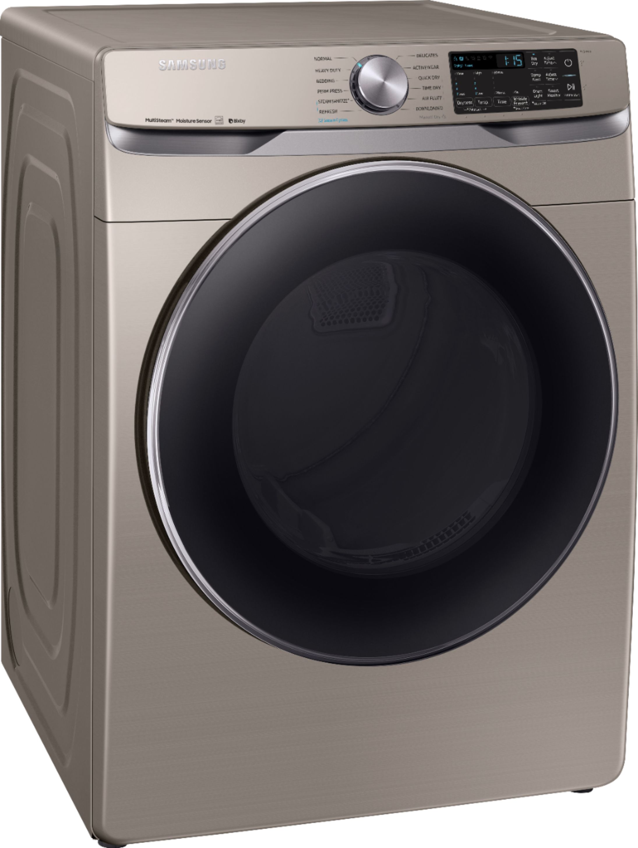 Angle View: Samsung - 7.5 Cu. Ft. Stackable Smart Electric Dryer with Steam Sanitize+ and Sensor Dry - Champagne