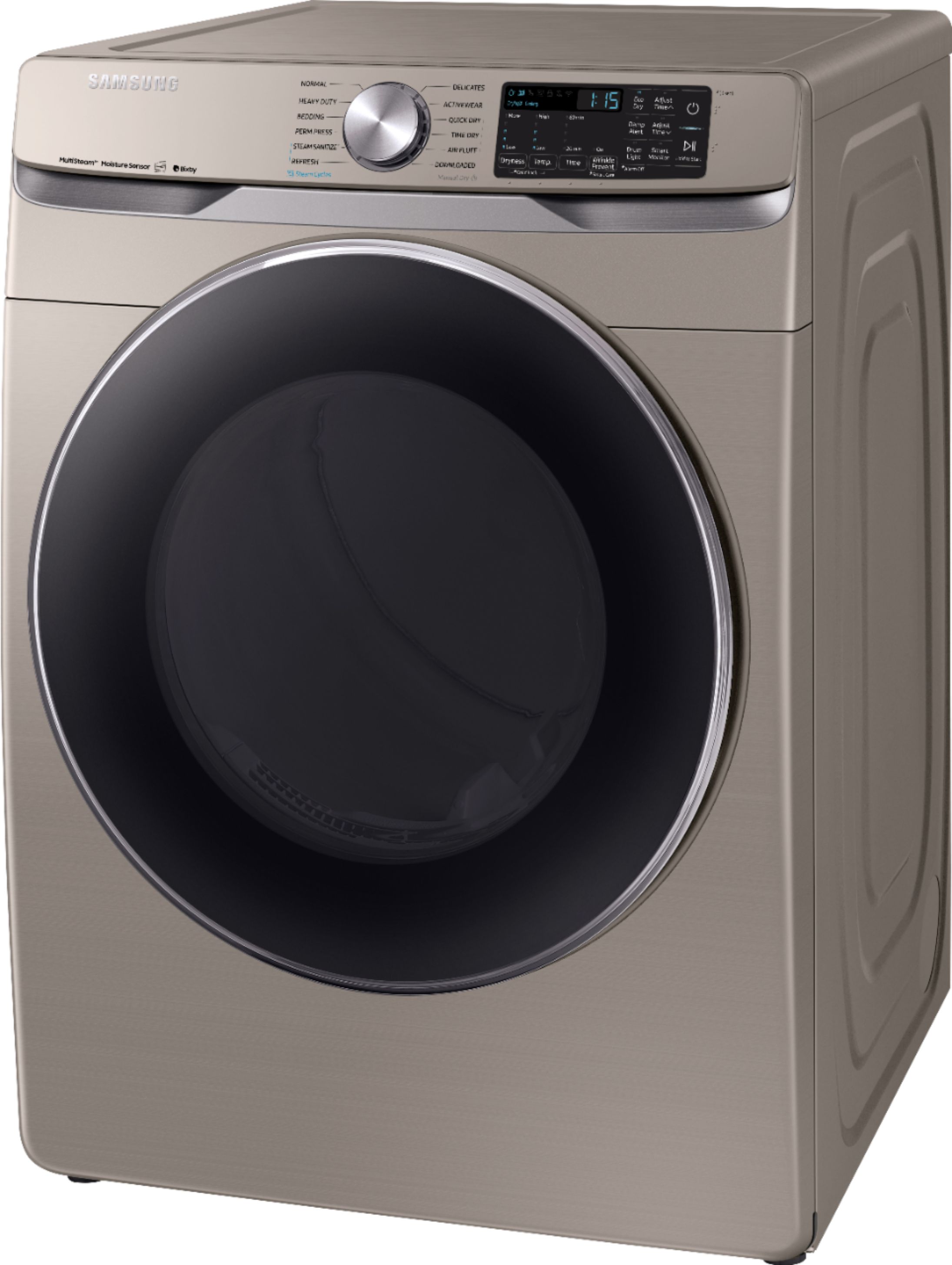 Left View: Samsung - 7.5 Cu. Ft. Stackable Smart Electric Dryer with Steam Sanitize+ and Sensor Dry - Champagne
