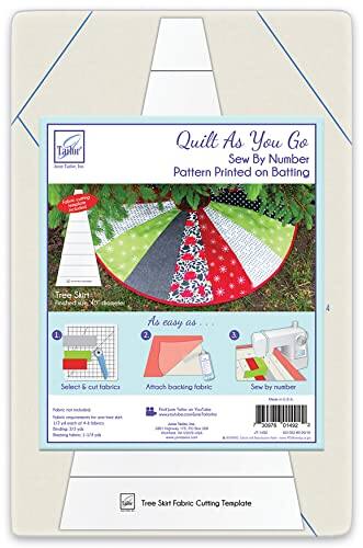 Quilt As You Go  
Sew By Number  
Pattern Printed on Batting  

Tree Skirt  
Festive skirt for Christmas decoration  

As easy as 1, 2, 3  
1. Select & cut fabrics  
2. Attach backing fabric  
3. Sew by number  

Public not included  
Pattern requirements for sew-by-number kit  
1/2 yd each of 4-6 fabrics  
Backing 2 1/2 yd  
Binding 1 1/4 yd  

Tree Skirt Fabric Cutting Template  

Made in U.S.A.  
01492