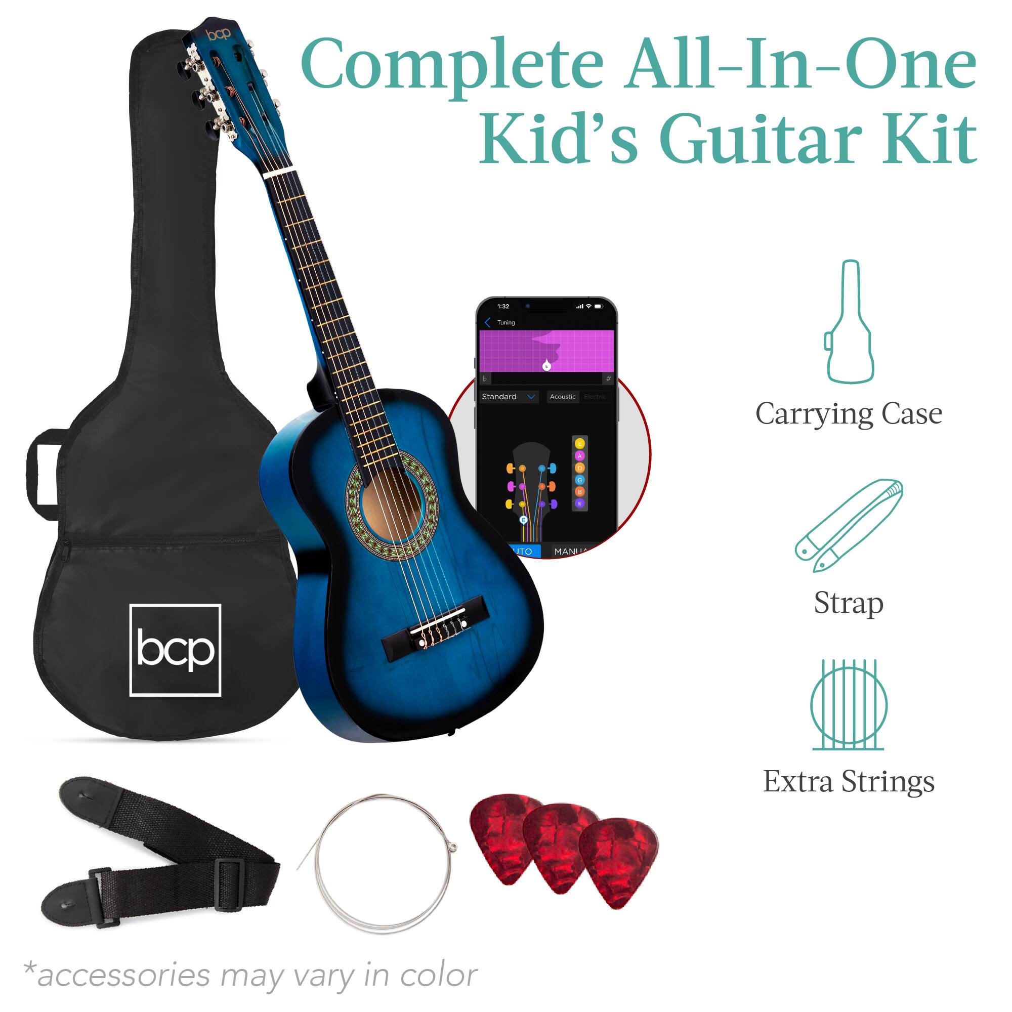Complete All-In-One Kid's Guitar Kit

- Carrying Case
- Strap
- Extra Strings

*accessories may vary in color