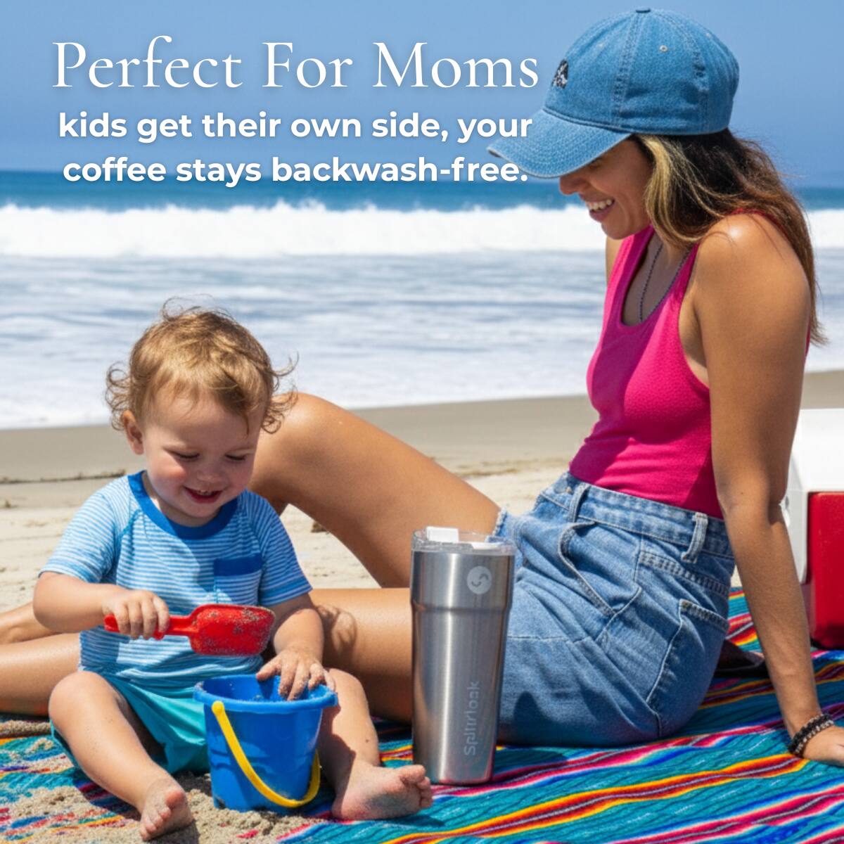 Perfect For Moms  
kids get their own side, your coffee stays backwash-free.  
Spittrlok