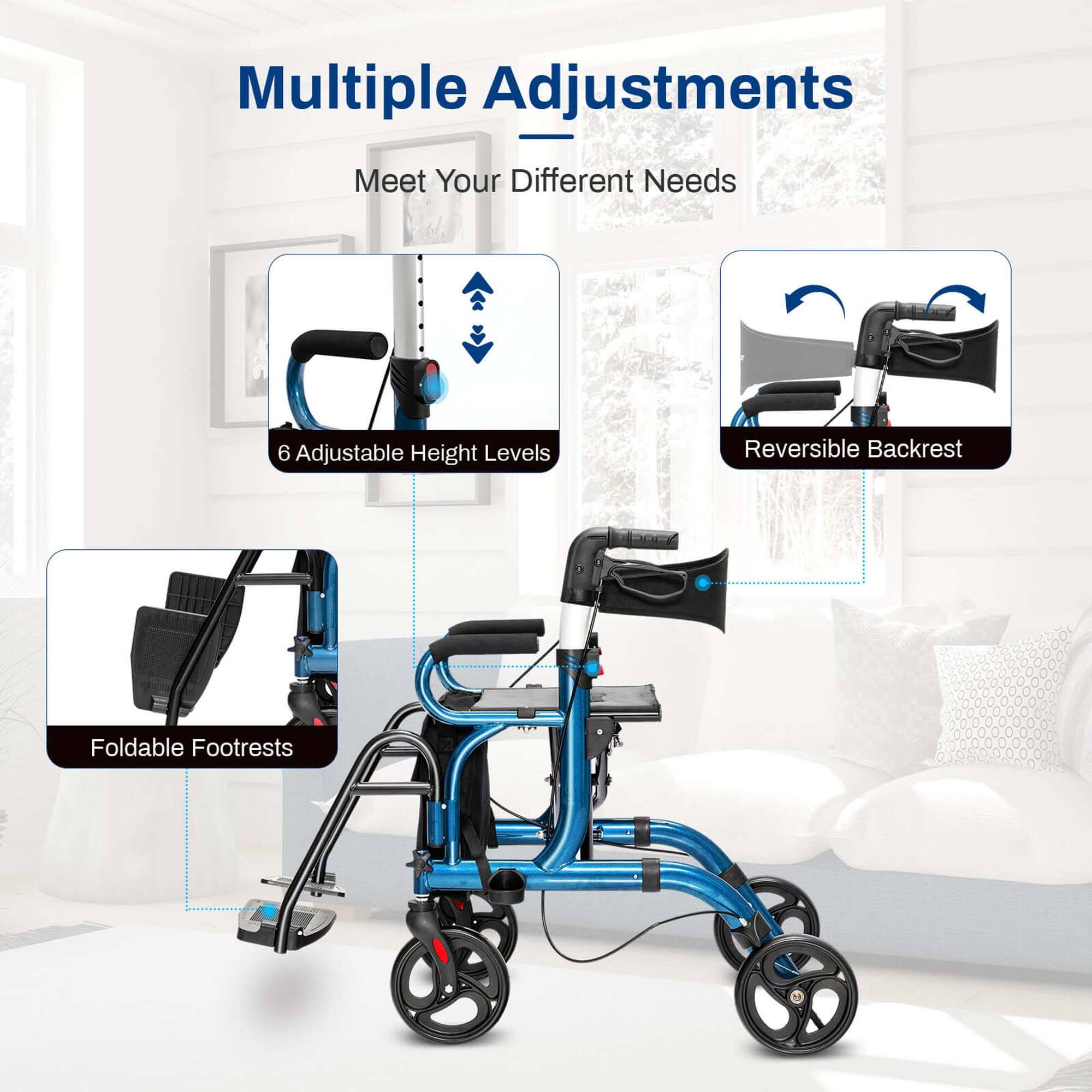 Multiple Adjustments
Meet Your Different Needs
6 Adjustable Height Levels
Reversible Backrest
Foldable Footrests