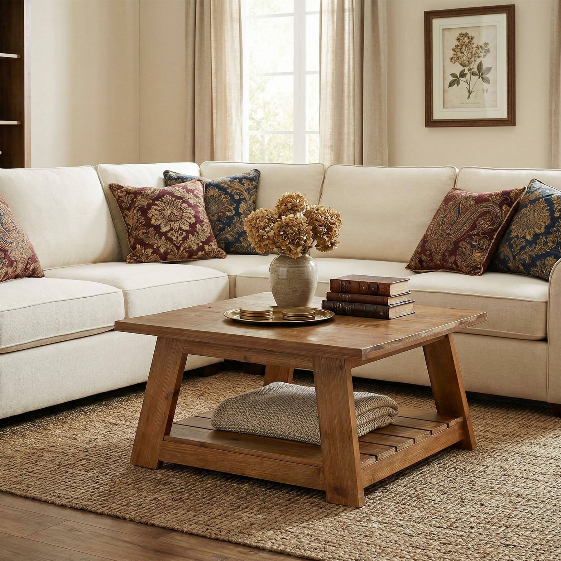 Alt View 4. Tribesigns - 31.5" Solid Wood Square Coffee Table, 2-Tier Storage, Living Room - Vintage Brown.