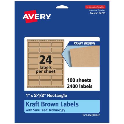 Go to avery.com/templates
Use Avery Template Presta 94221
KRAFT BROWN
24 labels per sheet
100 sheets 2400 labels
1" x 2-1/2" Rectangle Kraft Brown Labels with Sure Feed Technology for Laser/Inkjet
