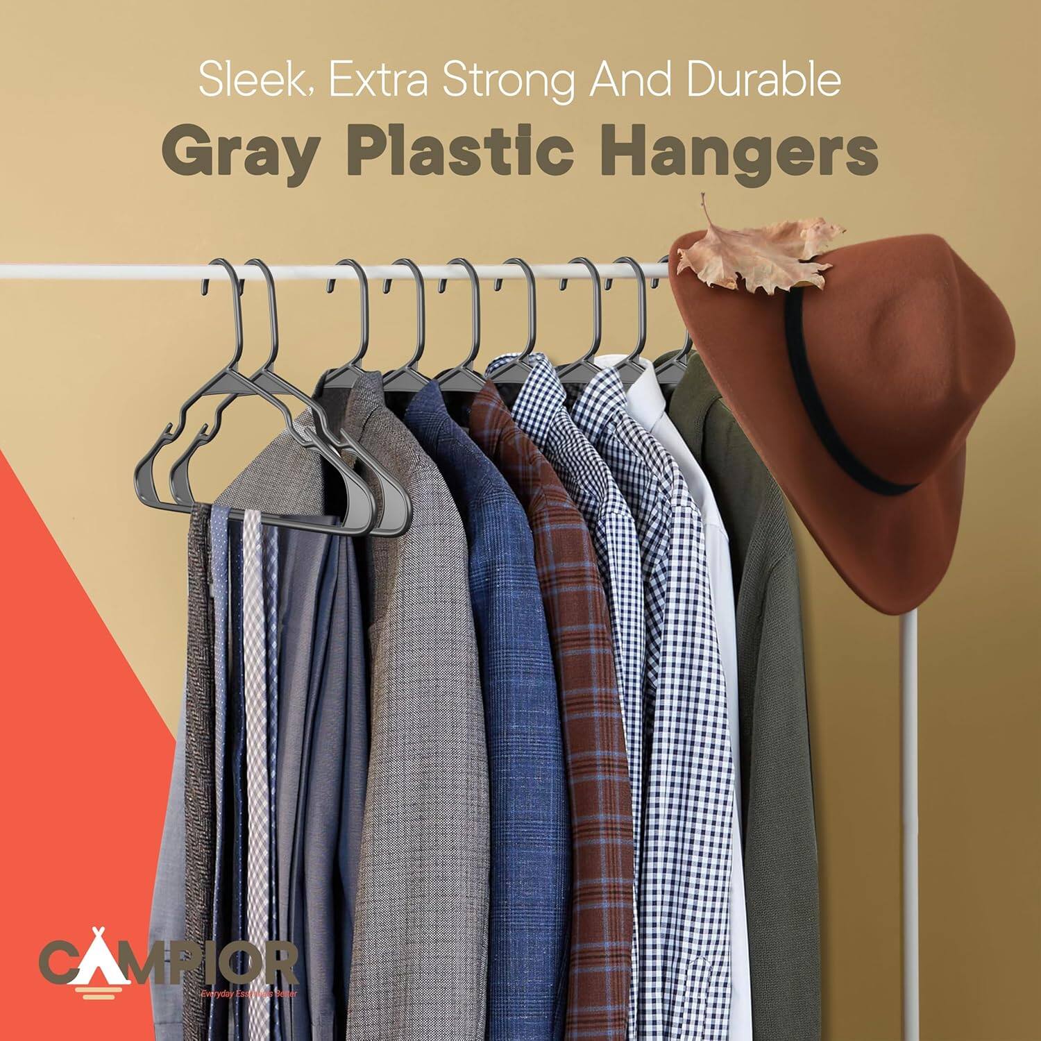 Sleek, Extra Strong And Durable Gray Plastic Hangers CAMPIOR