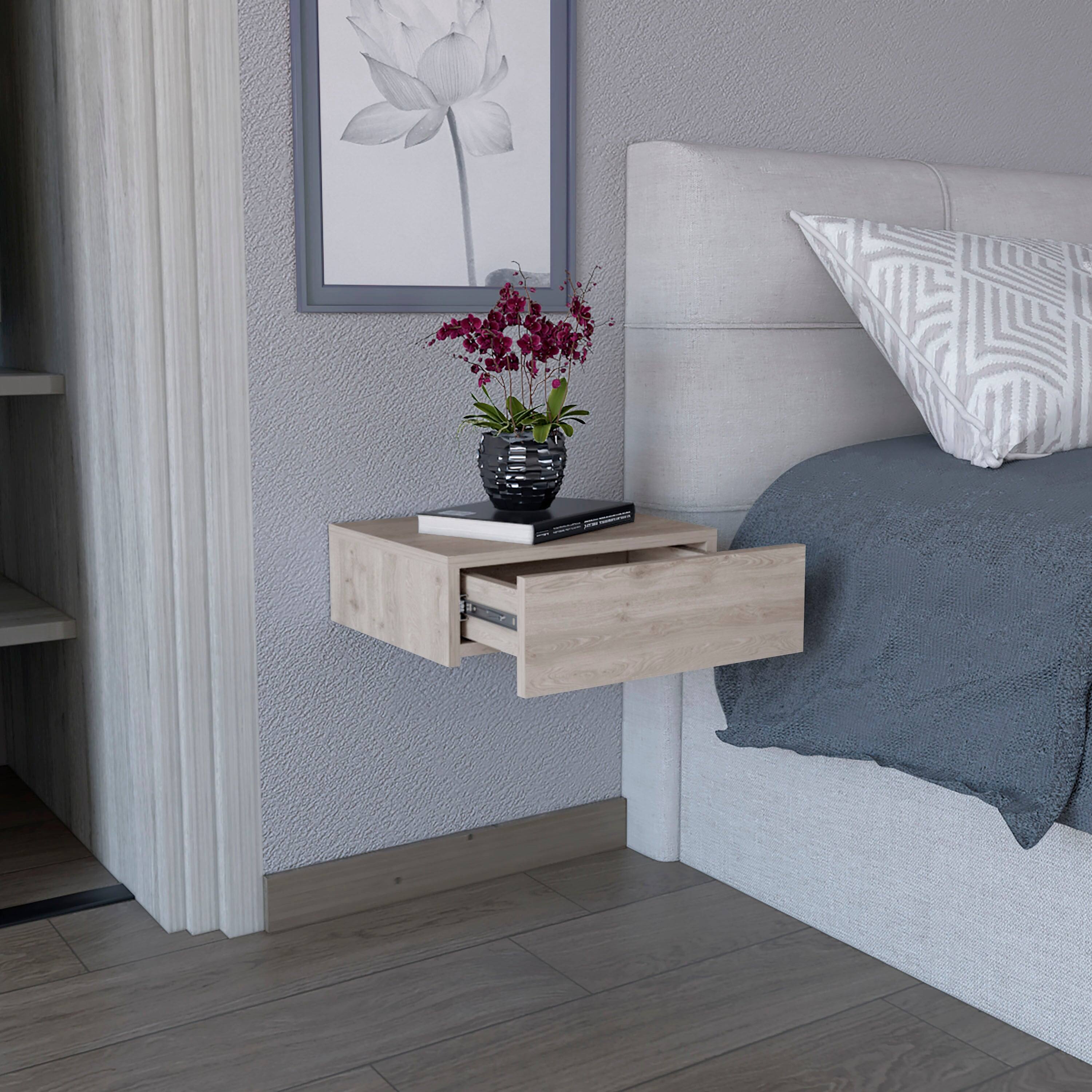 Back. Tiramisubest - Floating Nightstand with Drawer, Wall-Mounted Side Table, Light Gray - Gray.