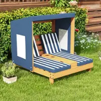 Costway Kids Double Chaise Lounge Patio Lounge Chair with Cup Holders & Awning - Blue - Front_Zoom