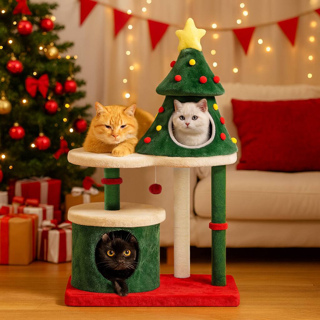 Front. CloudRest Pro - 45 IN Christmas Cat Tree with Cozy Houses Indoor Pet Tower Fun Cats Jumping Platform.