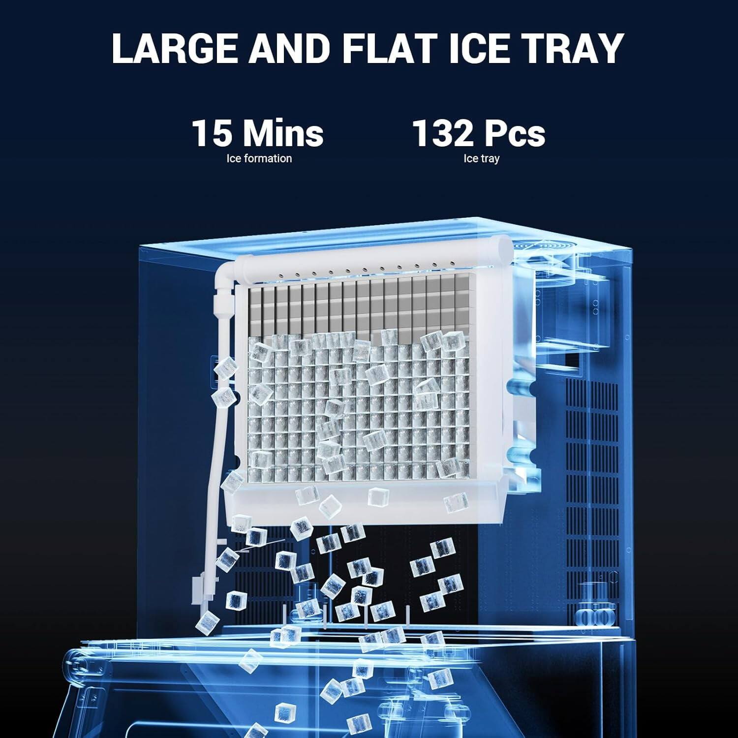LARGE AND FLAT ICE TRAY

15 Mins  
Ice formation

132 Pcs  
Ice tray