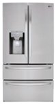 The image features a large stainless steel refrigerator with a freezer on top. The refrigerator is made by LG and has a ThinQ feature. The refrigerator is clean and ready for use.