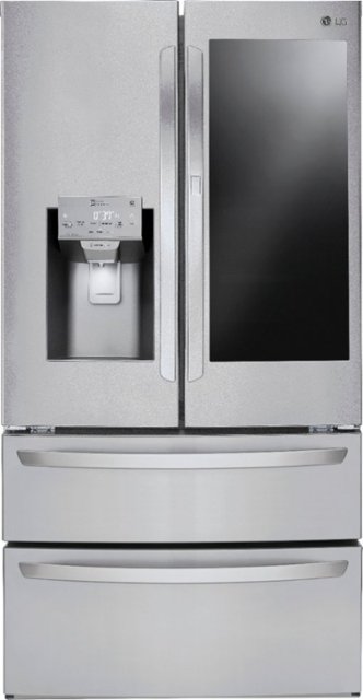 The image features a large stainless steel refrigerator with a freezer on top. The refrigerator is made by LG and has a ThinQ feature. The refrigerator is clean and ready for use.