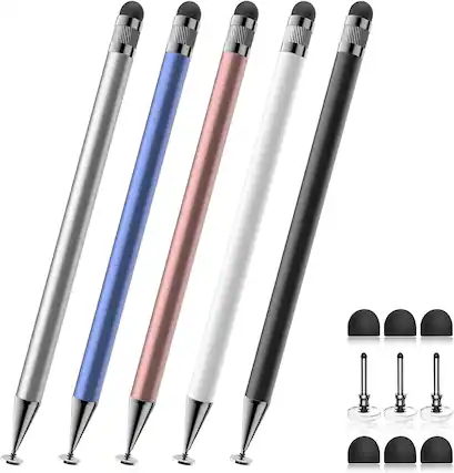 Front. Core Tech - 2-in-1 Stylus Pens (5-Pack) for Touchscreen Devices High Precision Stylus for iPhone, iPad, Android Tablets Smartphone - Black/White/Blue/Rose Gold/Silver.