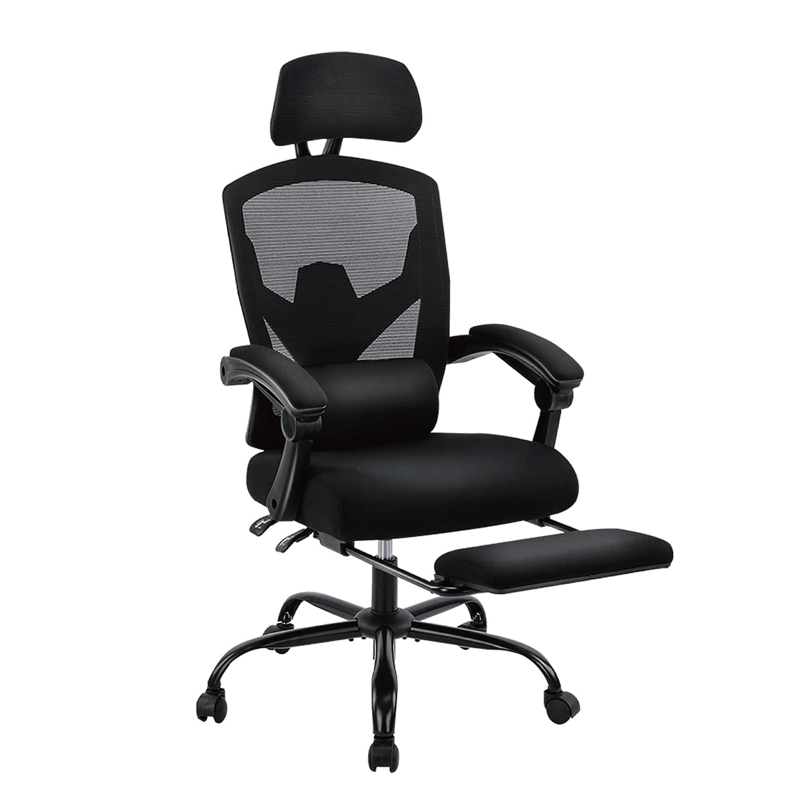 Bestier - Retractable Footrest Ergonomic Swivel Office Chair with Lumbar Support Pillow and Padded Armrests - Black