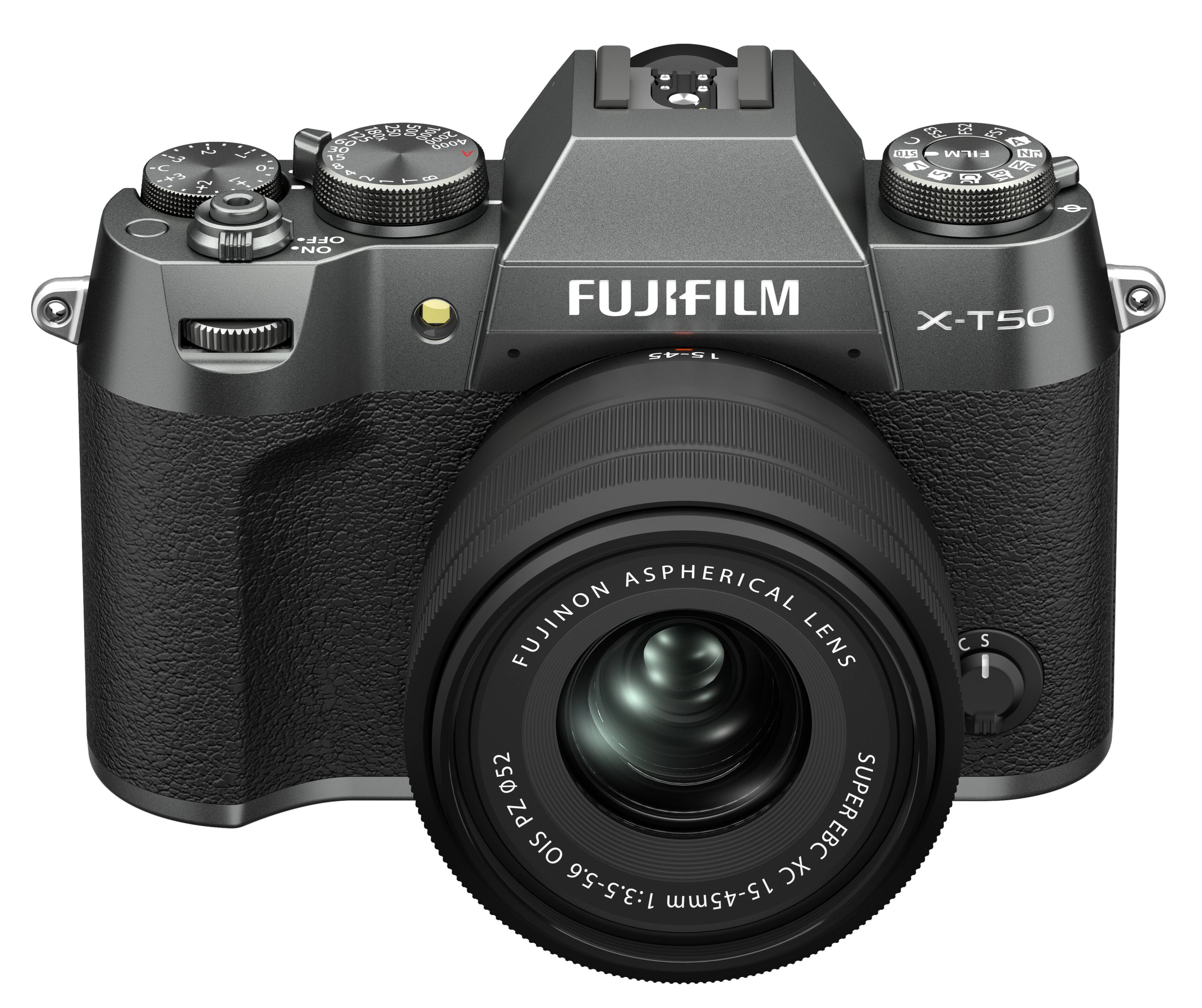 The image features a close-up of a Fujifilm camera lens. The lens is described as an aspherical Fujinon lens, which is a type of lens designed to correct distortions and provide better image quality. The lens has a focal length of 15-45mm, making it suitable for various photography needs. The camera is likely a part of the X-T50 model, as indicated by the presence of the Fujifilm logo on the lens.