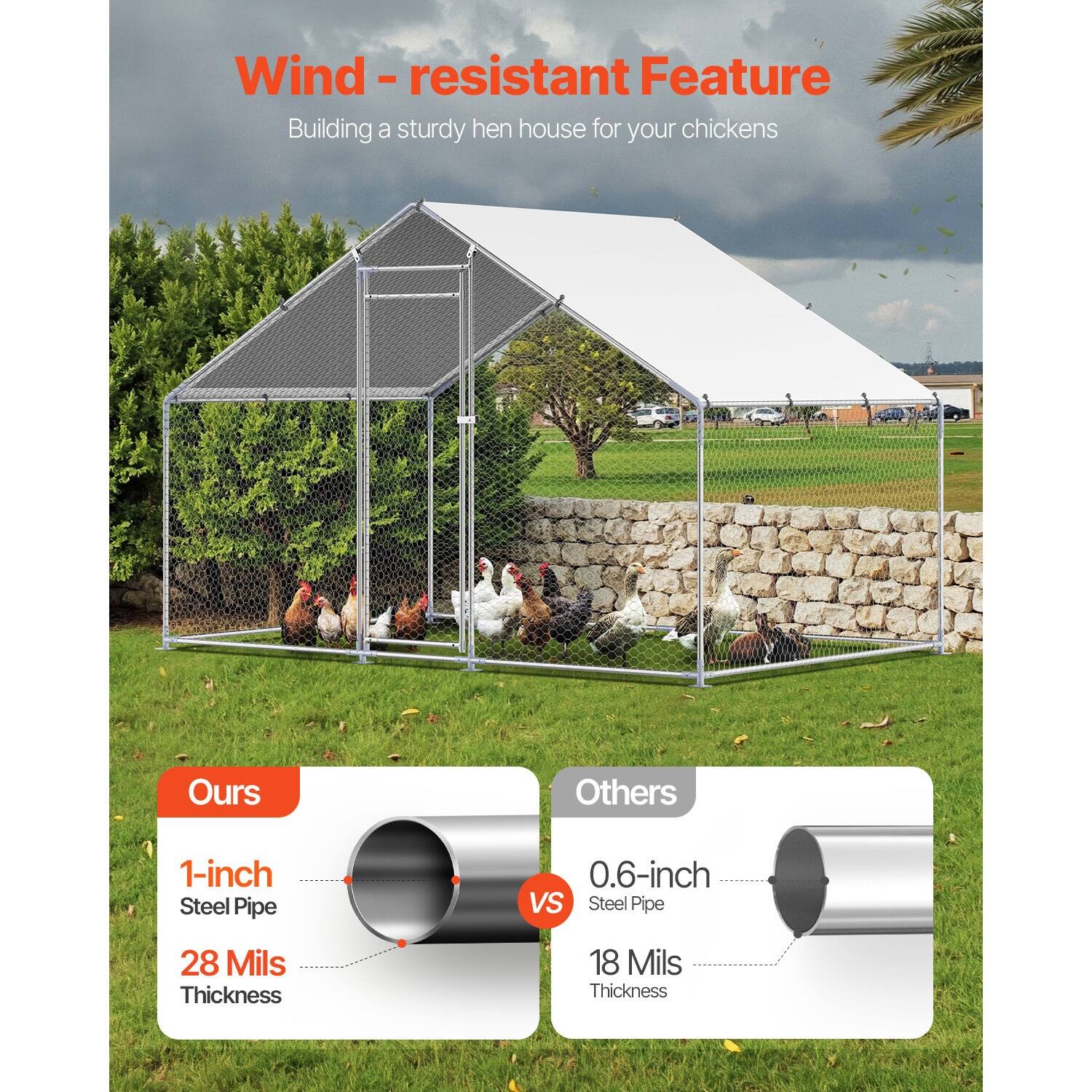 Wind - resistant Feature  
Building a sturdy hen house for your chickens  

Ours  
1-inch Steel Pipe  
28 Mils Thickness  

Others  
0.6-inch Steel Pipe  
18 Mils Thickness