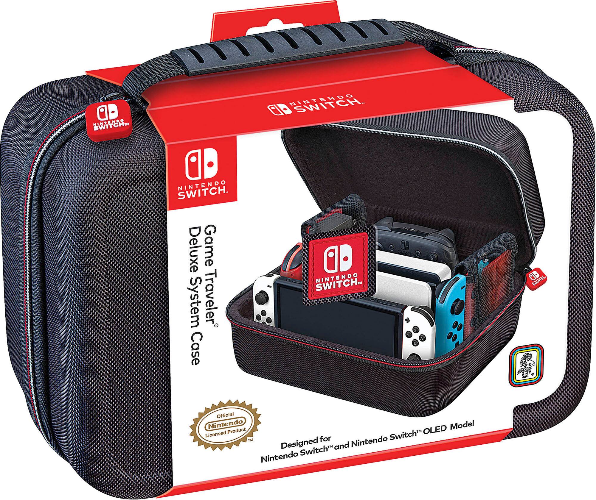 The image features a Nintendo Switch Deluxe Game System Traveler Case, which is designed for the Nintendo Switch OLED model. The case is black and has a red Nintendo logo on it. Inside the case, there are two Nintendo Switch controllers, which are also red and black in color. The case is designed to protect the Switch and its accessories during travel, making it a convenient and practical solution for gamers on the go.