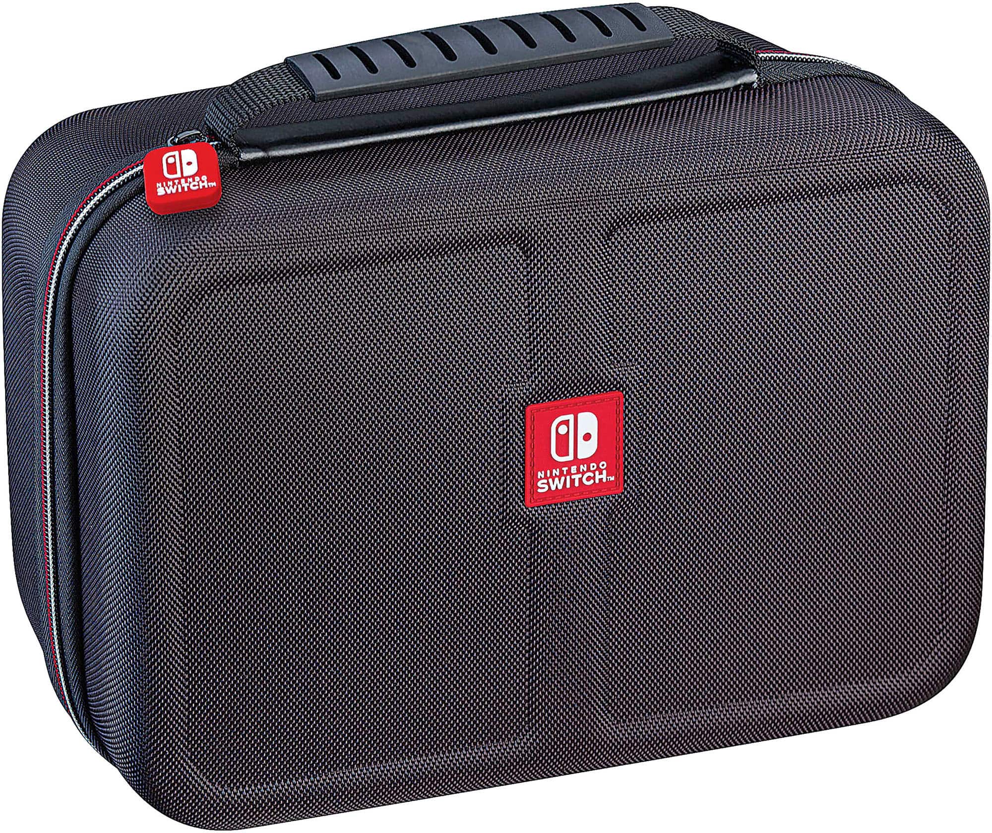 The image shows a black Nintendo Switch carrying case. The case is designed to protect the Switch and its accessories during transportation or storage. The case features a handle for easy carrying and a zippered closure for secure storage. The Nintendo Switch logo is prominently displayed on the case, indicating its compatibility with the gaming console. The case is suitable for gamers who want to keep their Switch and its accessories safe and organized.