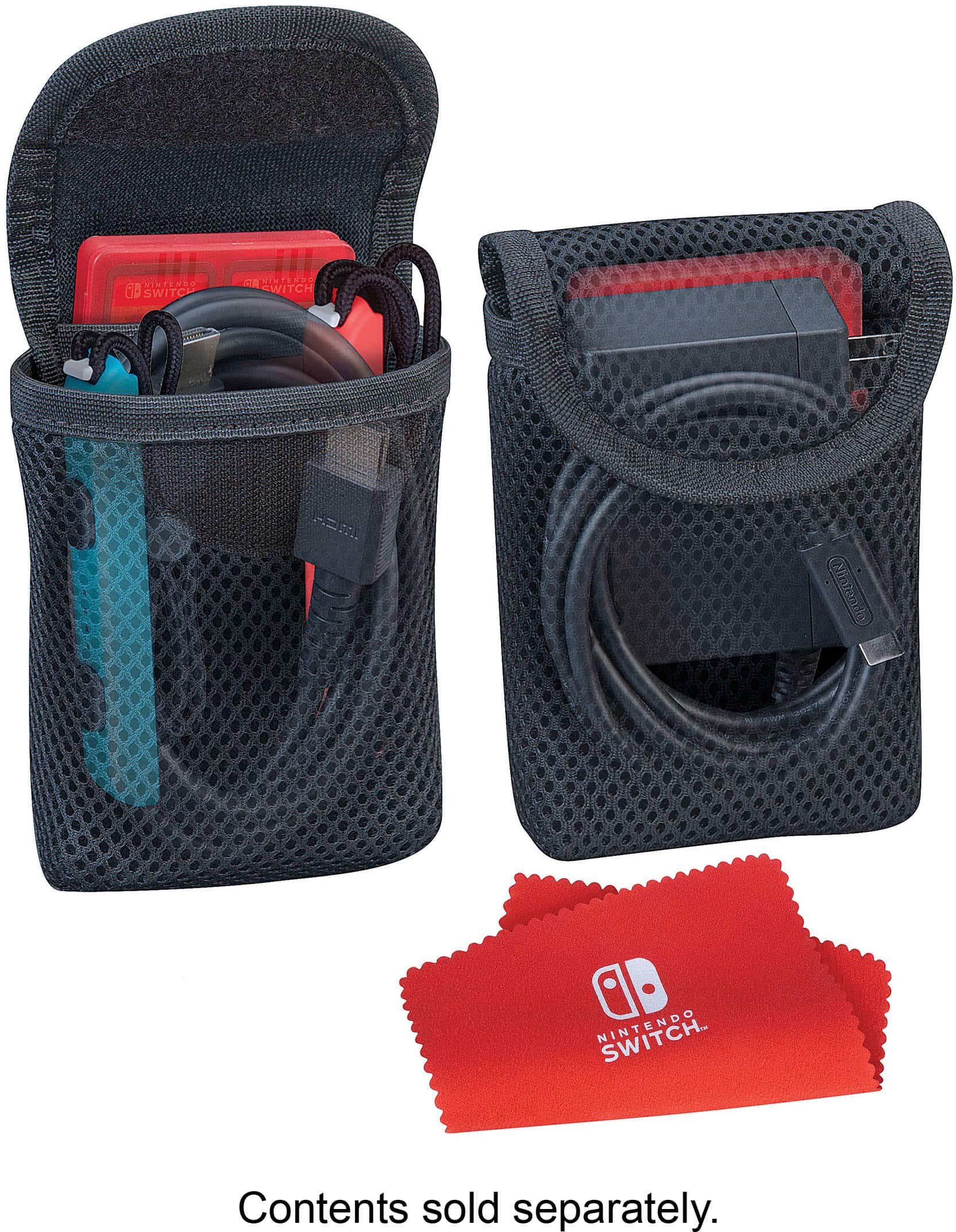 The image features a black case with a red interior, containing a Nintendo Switch and its accessories. The case is designed to hold the Switch, cords, and other necessary items. The case is open, revealing the Switch and its cords inside. The case is placed on a table, and there is a red cloth nearby, possibly for cleaning or protecting the Switch.