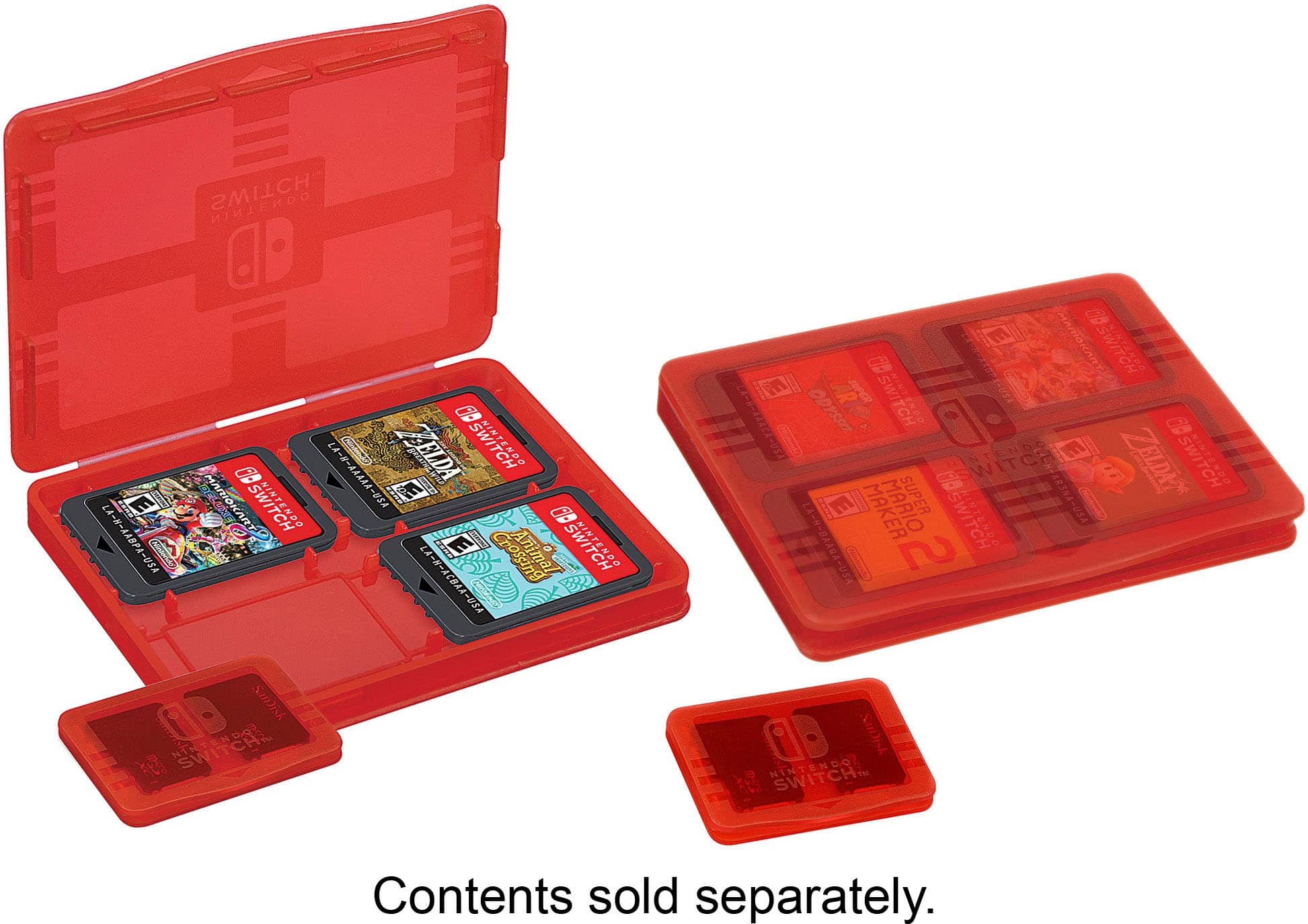 The image features a red case with a red tray that holds several Nintendo Switch game cartridges. There are a total of 13 game cartridges in the case, with some of them being Zelda games. The case is designed to hold and protect the game cartridges, making it a convenient way to store and transport them.