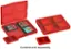 The image features a red case with a red tray that holds several Nintendo Switch game cartridges. There are a total of 13 game cartridges in the case, with some of them being Zelda games. The case is designed to hold and protect the game cartridges, making it a convenient way to store and transport them.