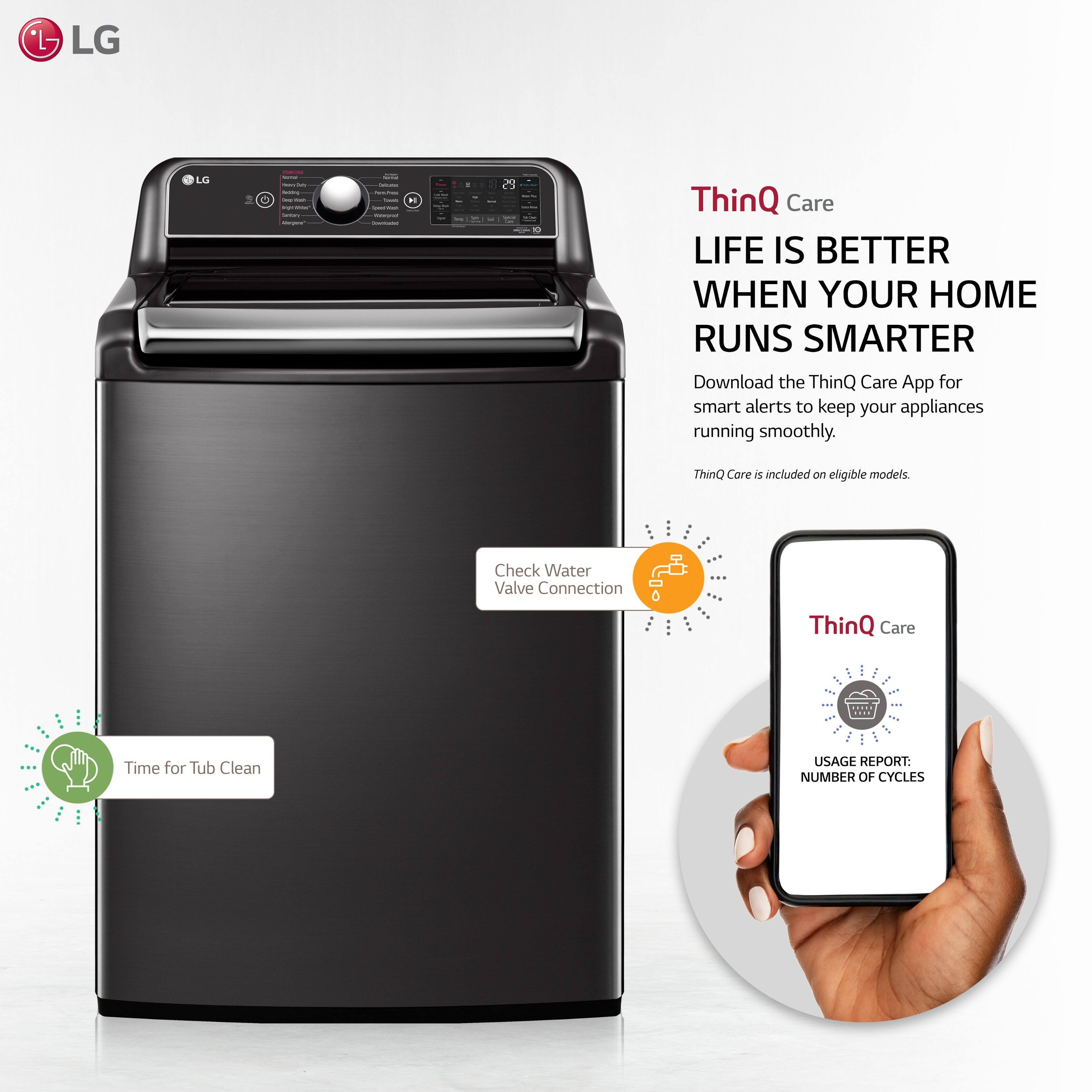LG - ThinQ Care - Life is better when your home runs smarter - Download the ThinQ Care App for smart alerts to keep your appliances running smoothly - ThinQ Core is included on eligible models - Check Water Valve Connection - Time for Tub Clean - Usage Report: Number of Cycles