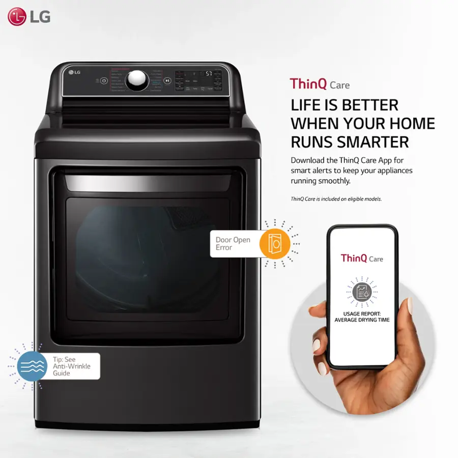 * LG LG | ThinQ Care: Life is better when your home runs smarter. Download the ThinQ Care App for smart alerts to keep your appliances running smoothly. ThinQ Core is included on eligible models. Door Open Error ThinQ Care i ... ... i ! ... ... USAGE REPORT: AVERAGE DRYING TIME Tip: See Anti-Wrinkle Guide.