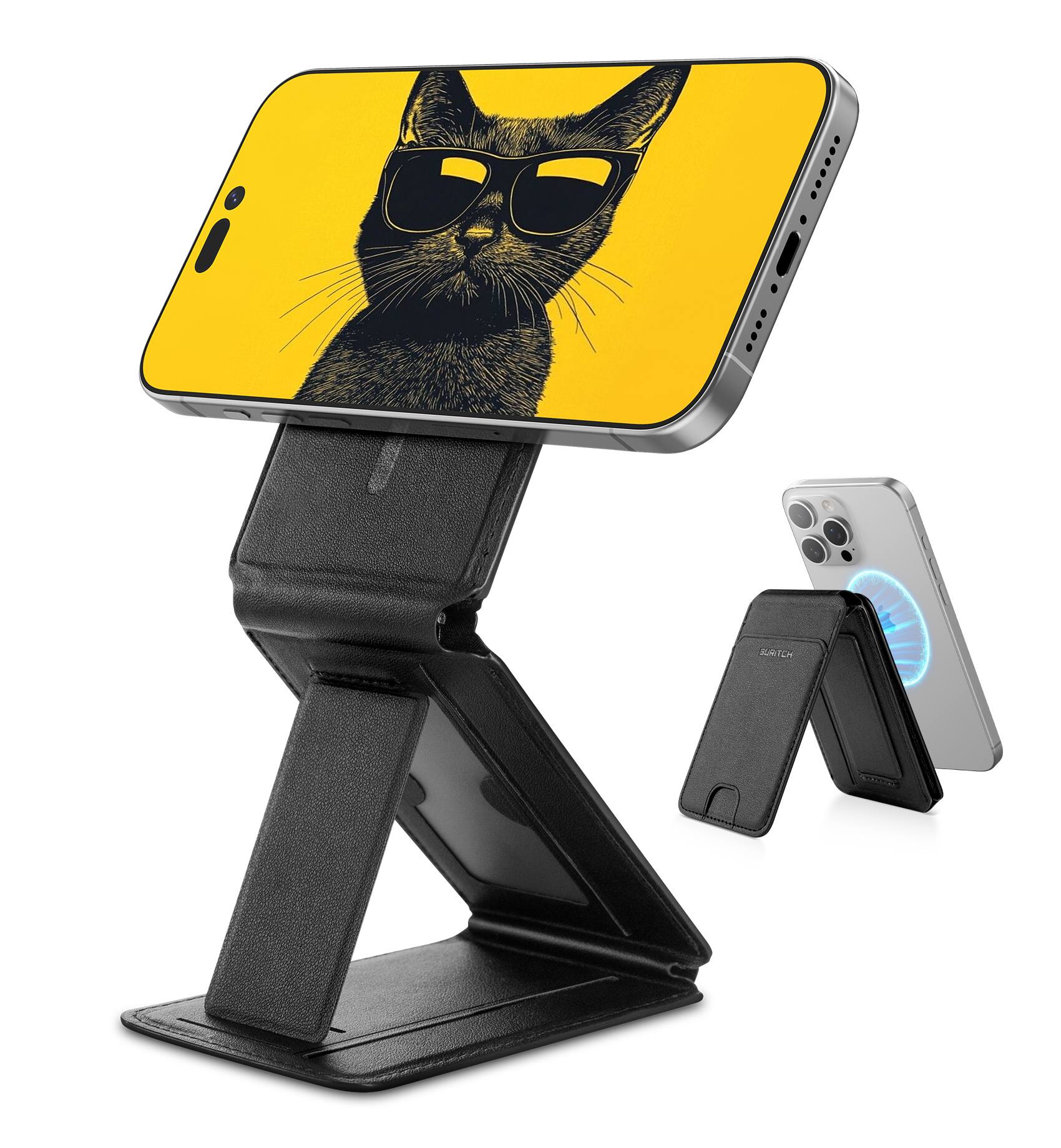 Angle. SURITCH - NFC-Supported Card Holder for iPhone 18/17/16/15/14/13/12 Series MagSafe Magnet Wallet, Adjustable Selfie Stick - Black.