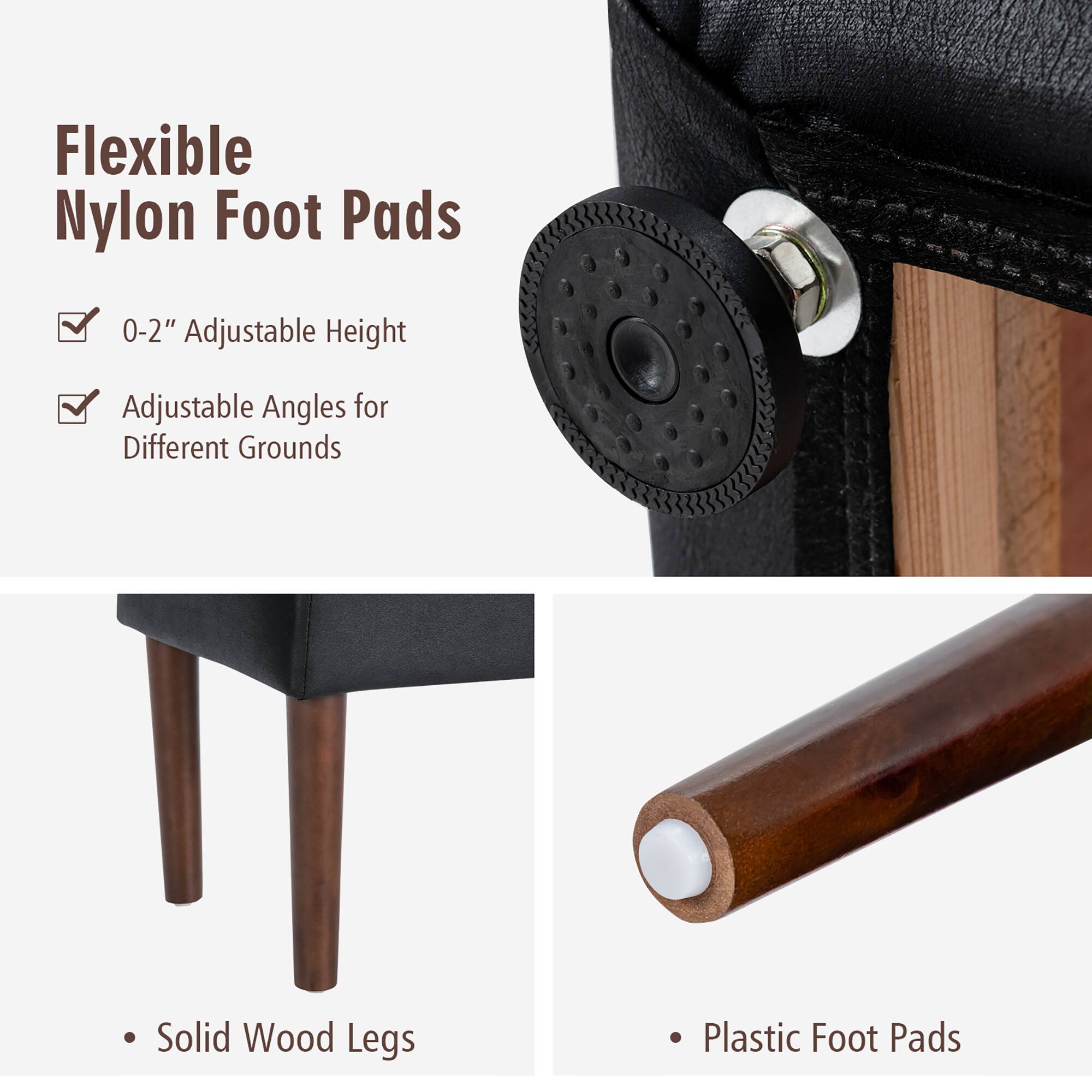 Flexible Nylon Foot Pads: 0-2" Adjustable Height, Adjustable Angles for Different Grounds, Solid Wood Legs, Plastic Foot Pads.