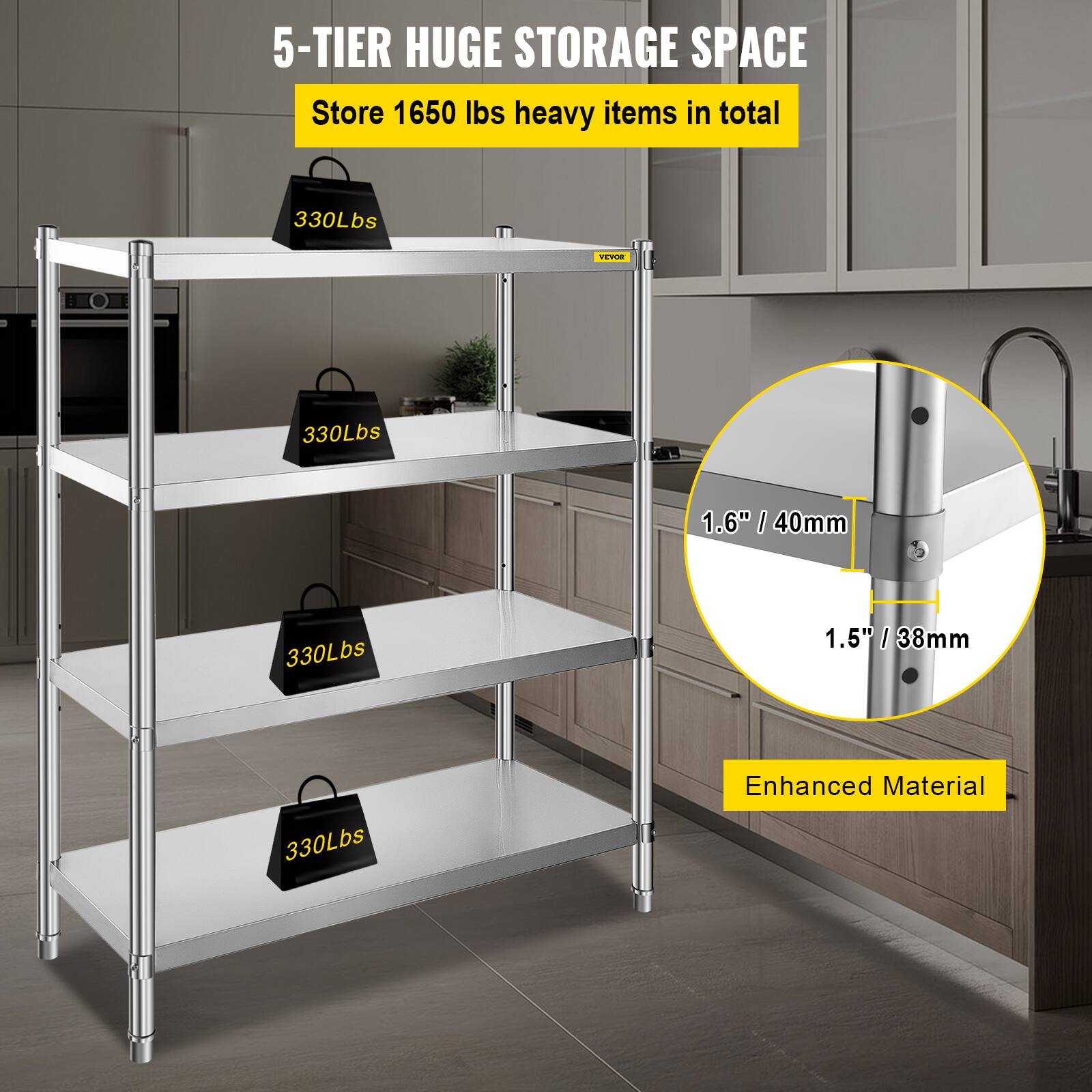 5-TIER HUGE STORAGE SPACE

Store 1650 lbs heavy items in total

330Lbs

1.6" / 40mm

1.5" / 38mm

Enhanced Material
