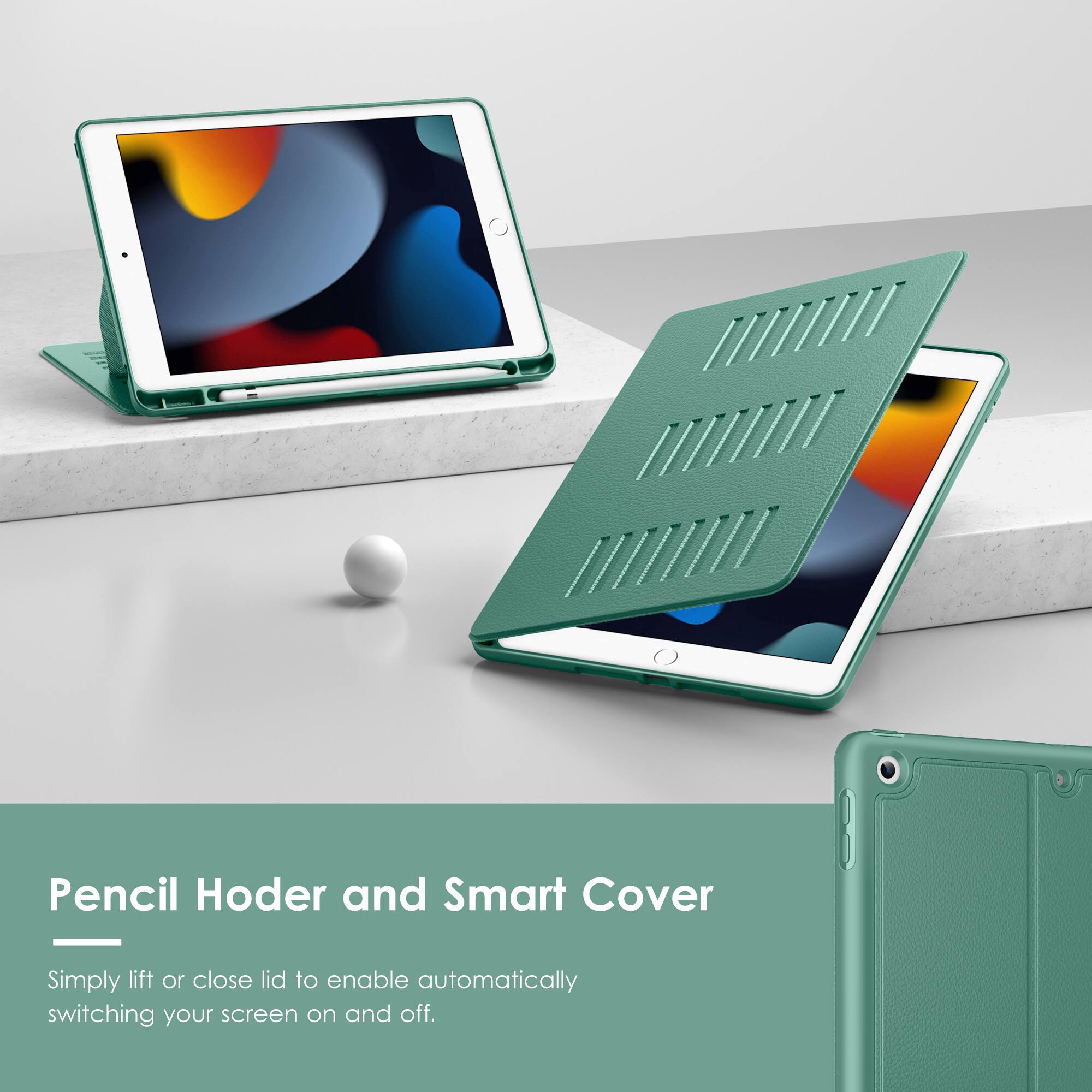 Pencil Holder and Smart Cover

Simply lift or close lid to enable automatically switching your screen on and off.