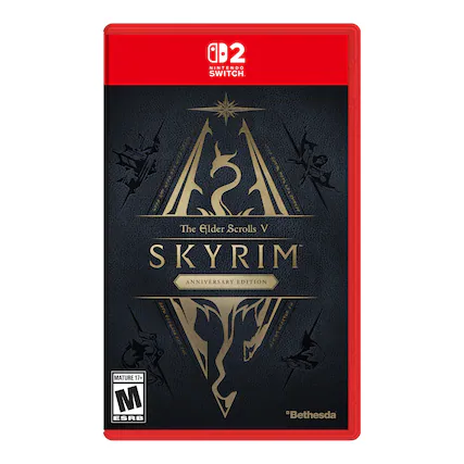 02 NINTENDO SWITCH. : AA S I t 3 I S sT RNO n The Elder Scrolls V SKYRIM ANNIVERSARY EDITION 2 7 MATURE 17+ M ESRB "Bethesda - M (Mature 17+)