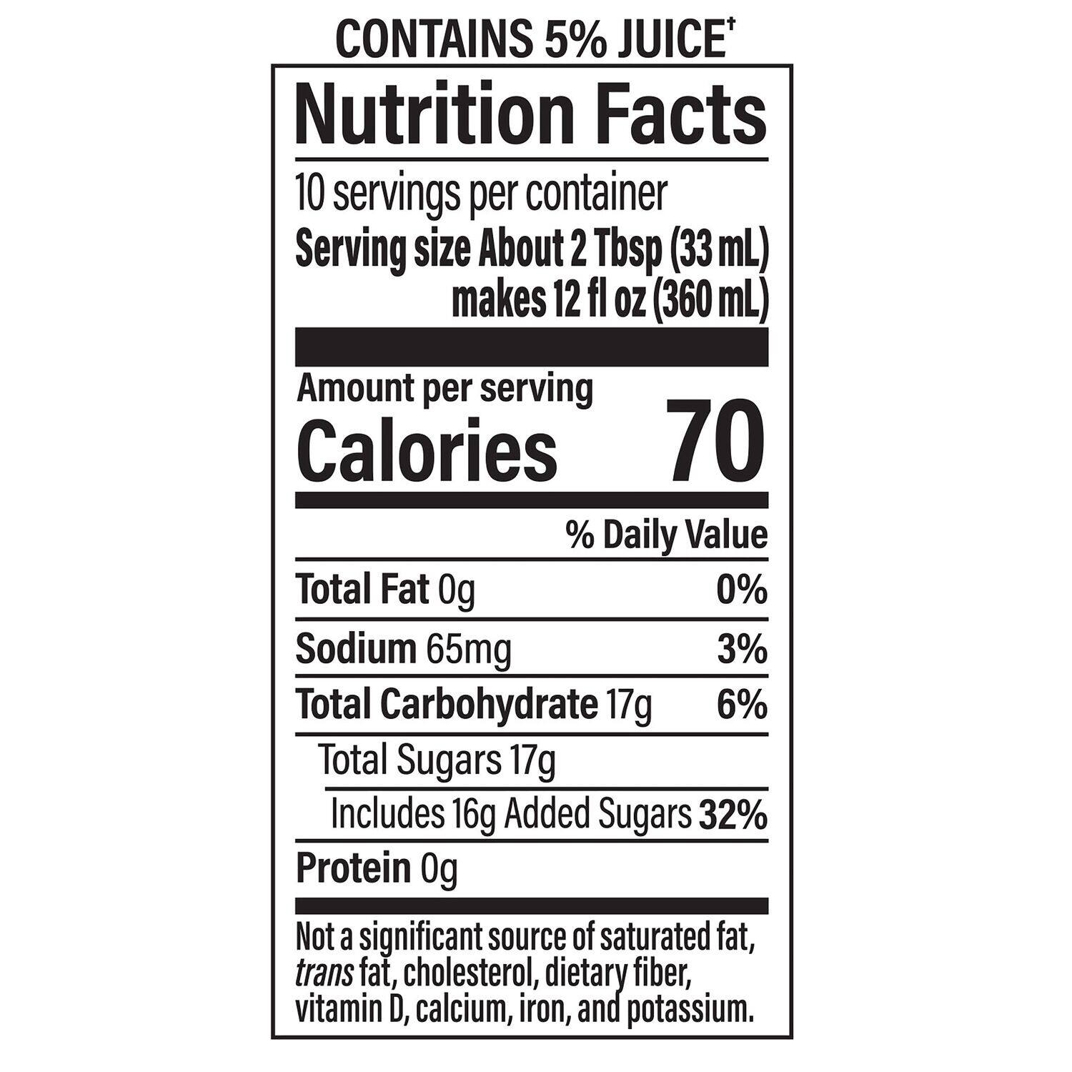 Nutrition Facts:

* 10 servings per container
* Serving size: About 2 Tbsp (33 mL) makes 12 fl OZ (360 mL)
* Calories: 70
* Total Fat: 0g (0% Daily Value)
* Sodium: 65mg (3% Daily Value)
* Total Carbohydrate: 17g (6% Daily Value)
* Total Sugars: 17g
* Includes 16g Added Sugars (32% Daily Value)
* Protein: 0g (Not a significant source)
* Not a significant source of saturated fat, trans fat, cholesterol, dietary fiber, vitamin D, calcium, iron, and potassium.