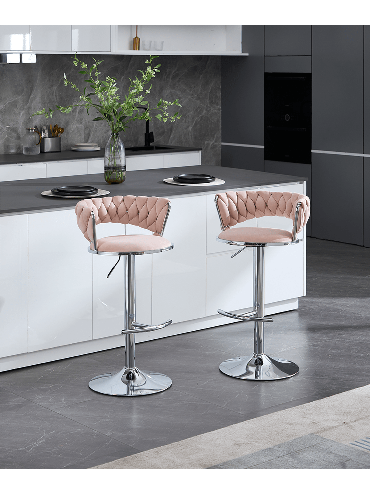 Left. Trinkets Crazed - Velvet Bar Stools Set Of 2, Modern Swivel Barstools With Woven Backrest, Adjustable Counter Stools - Pink.